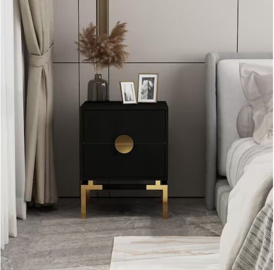 Black 2-Drawers Rectangle Wooden Nightstand, End Table with Golden Legs