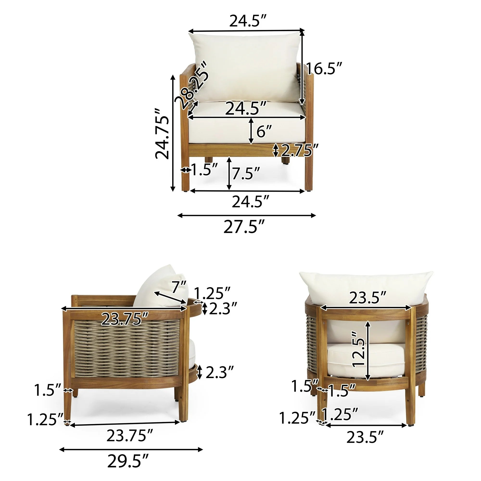 Rattler Acacia Wood and Wicker Outdoor Club Chair with Cushions, Teak, Mixed Brown, and Beige