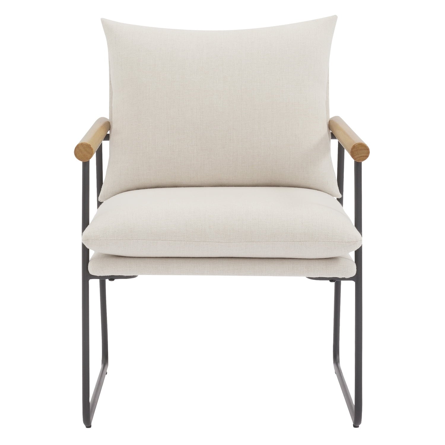 Dutton Armchair in Ivory Fabric with Natural Arms and Black Sled Base