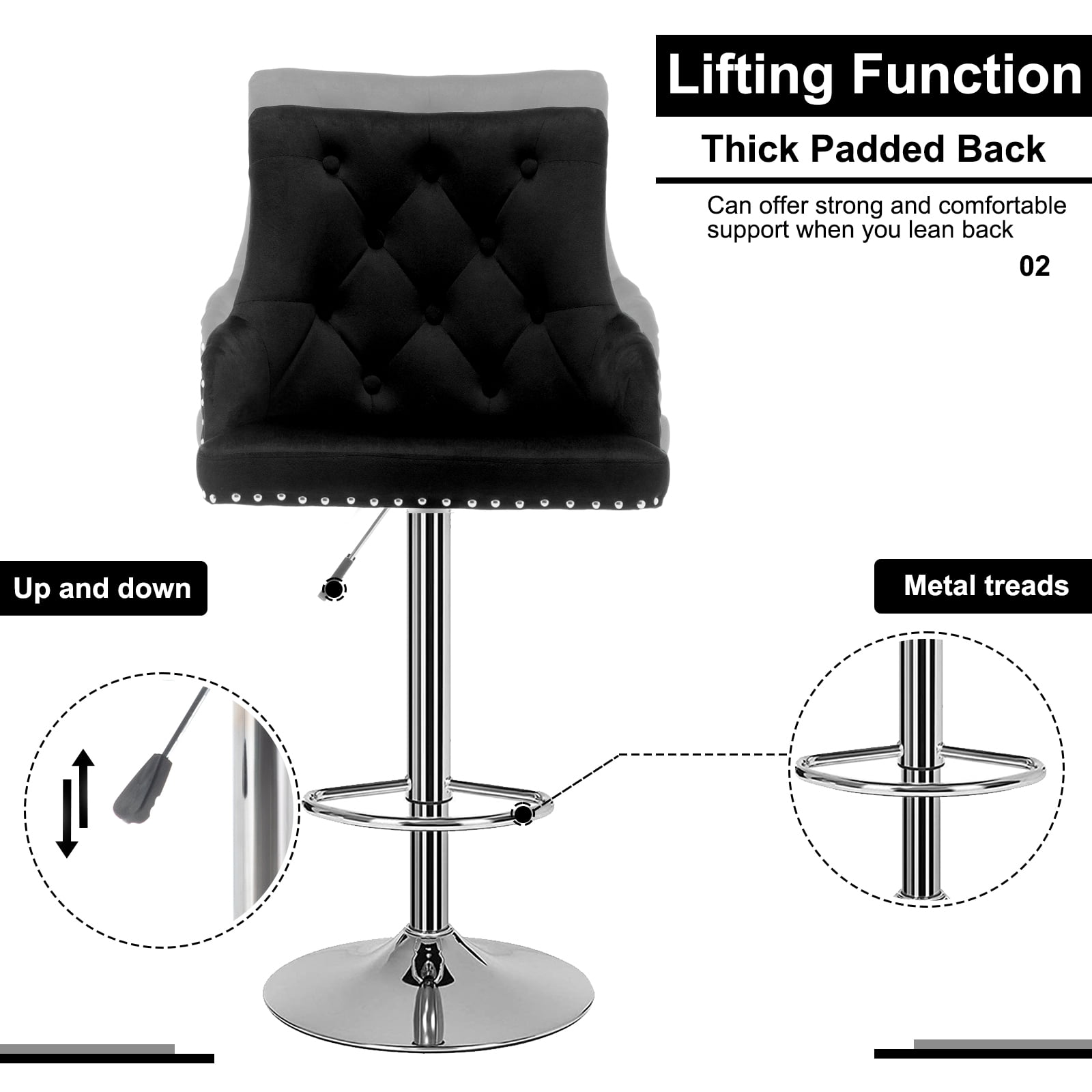 360 Degree Swivel Bar Chairs Morden Velvet Counter Height Bar Stool, Black