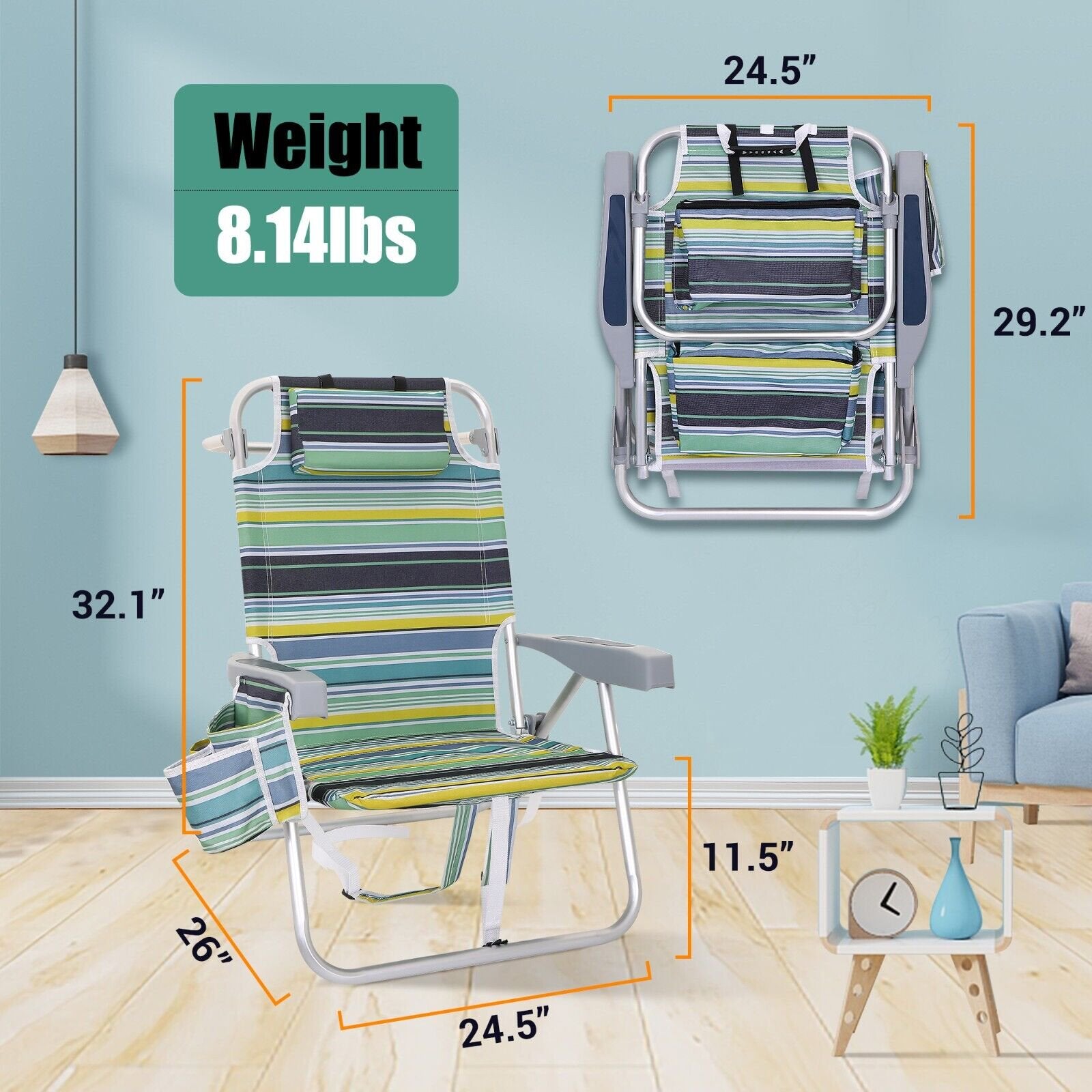 Beach Chair, Backpack Folding Chair with High Back Cooler Bag, 5-Position Reclining with Headrest, Armrest, Large Storage Pouch and Cup Holder (2-Pack Stripe)