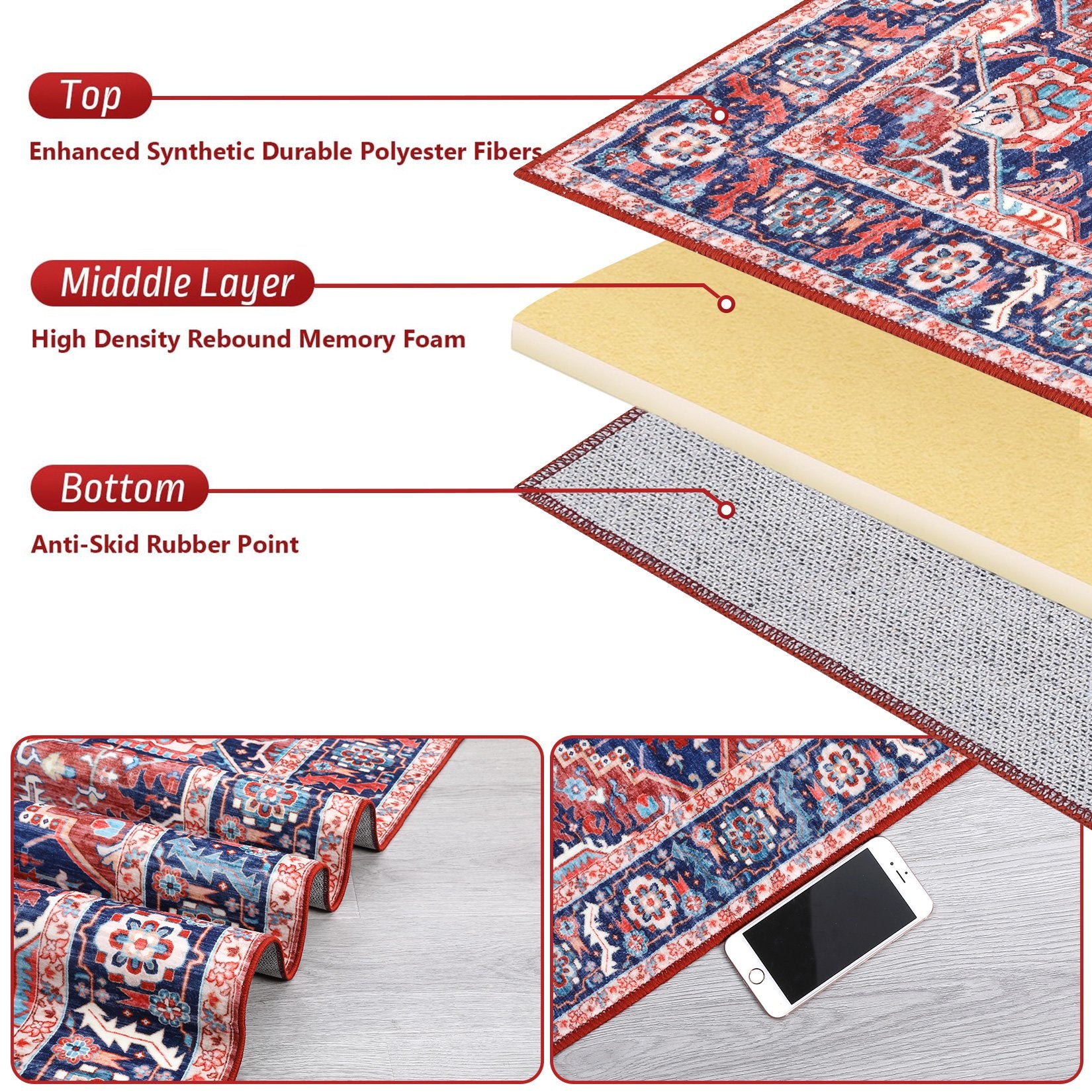 Boho Area Rug Persian Distressed Design, Machine Washable Rug for Living Room Bedroom