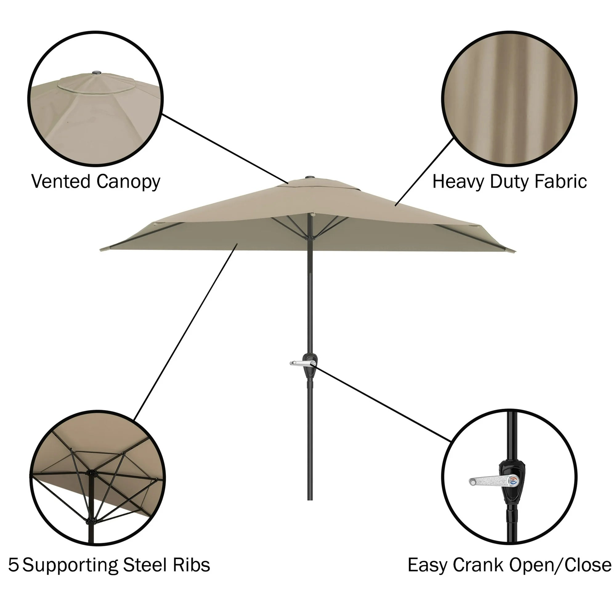 Steel Outdoor Half Round Patio Market Umbrella with Easy Crank Lift in Sand