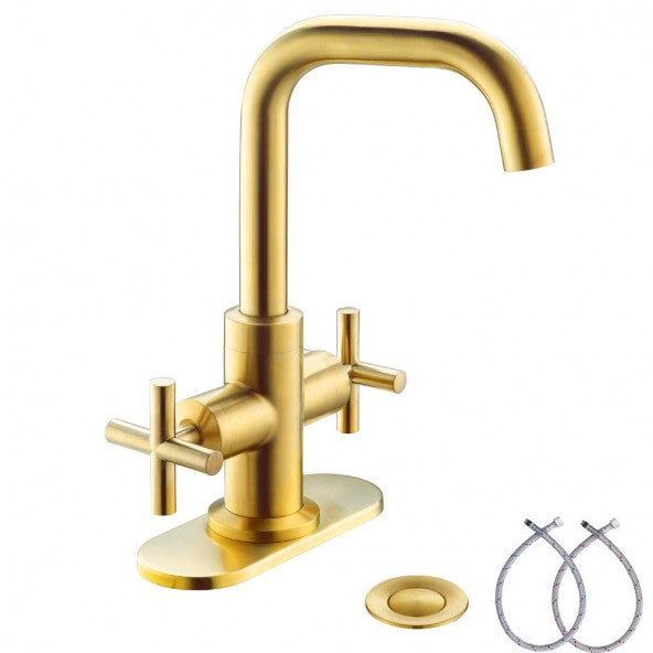 4 Inch 2-Handle Centerset Brushed Gold Bathroom Faucet With Drain,Deck Plate And Supply Hoses