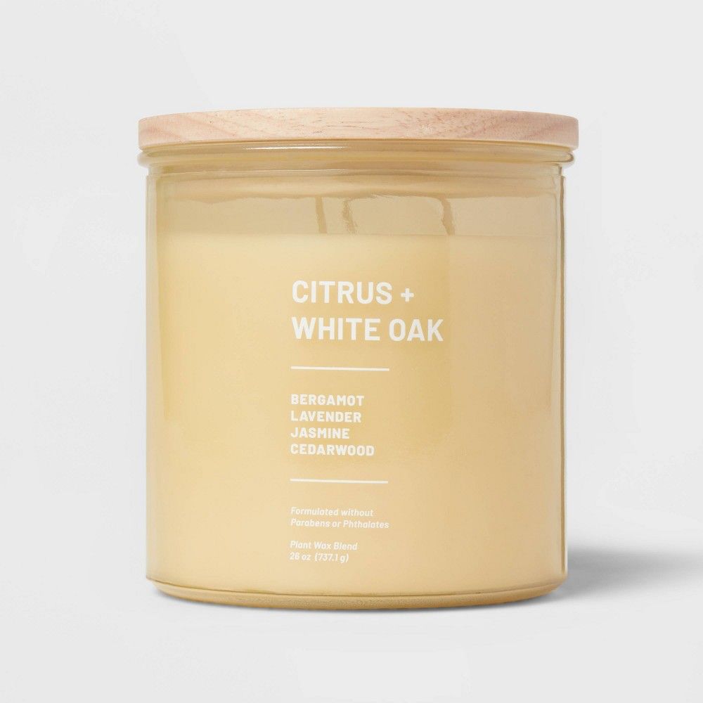 3-Wick Tinted Glass Citrus + White Oak Lidded Jar Candle Light Yellow - Threshold: Soothing Aroma, Spring Decor, Final Cut