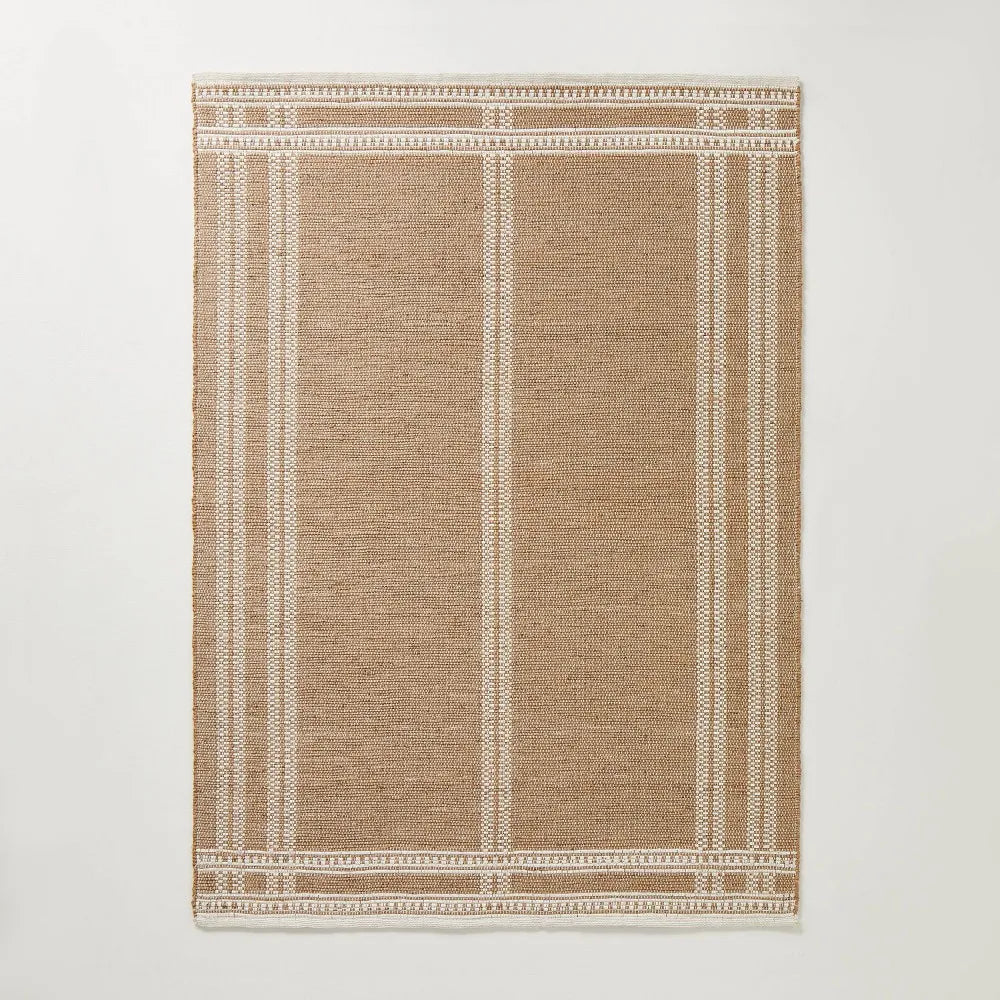 Border Plaid Handmade Jute Woven Area Rug Natural/Cream - Durable for High Traffic 5'x7'