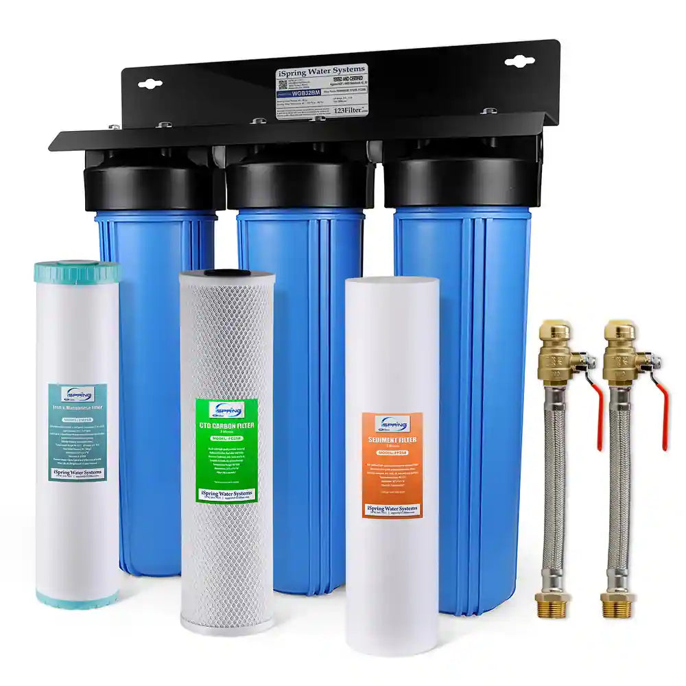 3-Stage Whole House Water Filtration System w/ Iron & Manganese Reducing Filter w/ Push-Fit Stainless Steel Hose