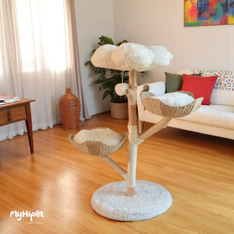 Flower Wooden Cat Tree with 2 Basket And Cozy Cushion on Top