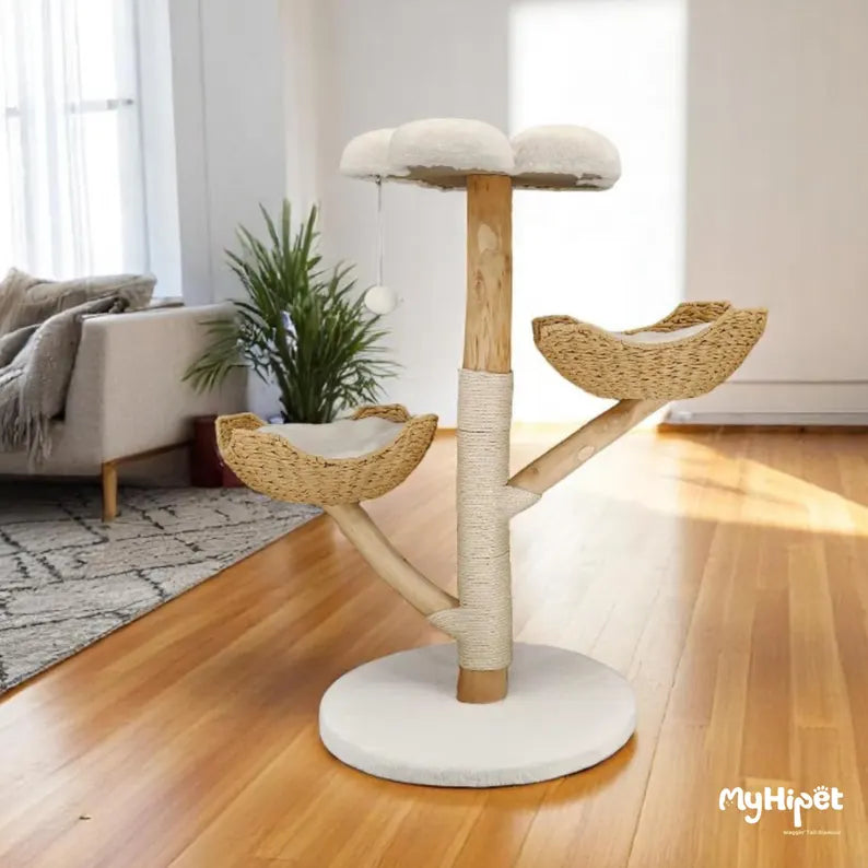 Flower Wooden Cat Tree with 2 Basket And Cozy Cushion on Top