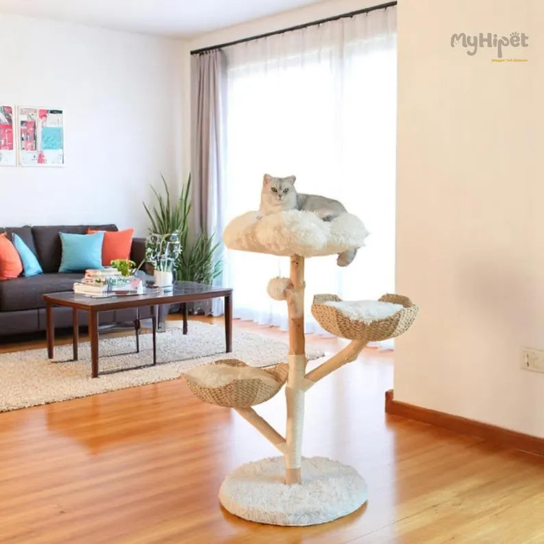 Flower Wooden Cat Tree with 2 Basket And Cozy Cushion on Top