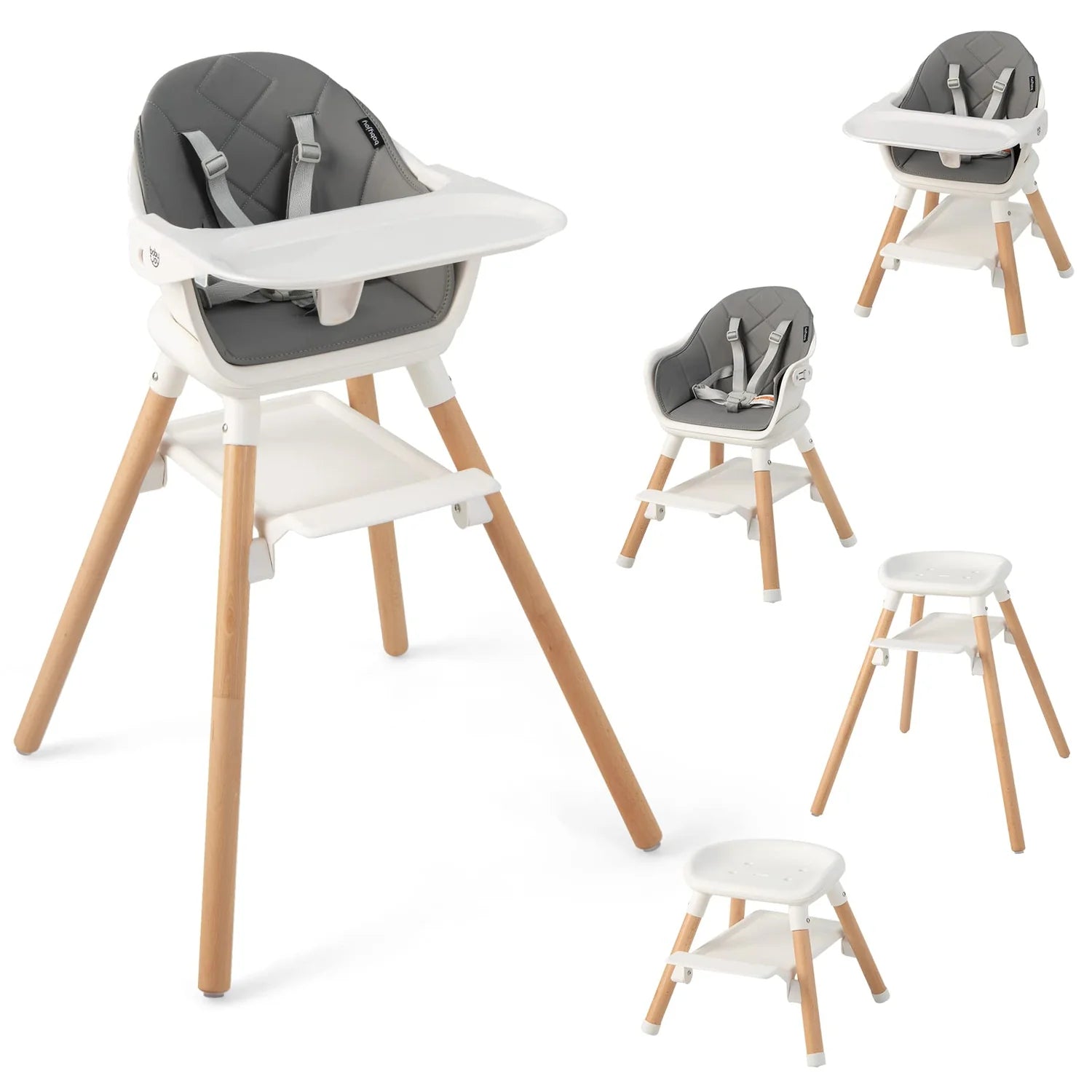 Baby High Chair 6-in-1 Convertible Wooden High Chair with Double Dishwasher Safe Trays