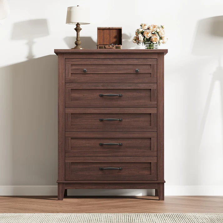 5 Dresser for Bedroom, Tall Dresser, Vertical Drawer Dresser with Storage Freestanding, Wooden Closet Dresser Storage Dresser Chest for Living Room, Bedroom, Entryway, Walnut