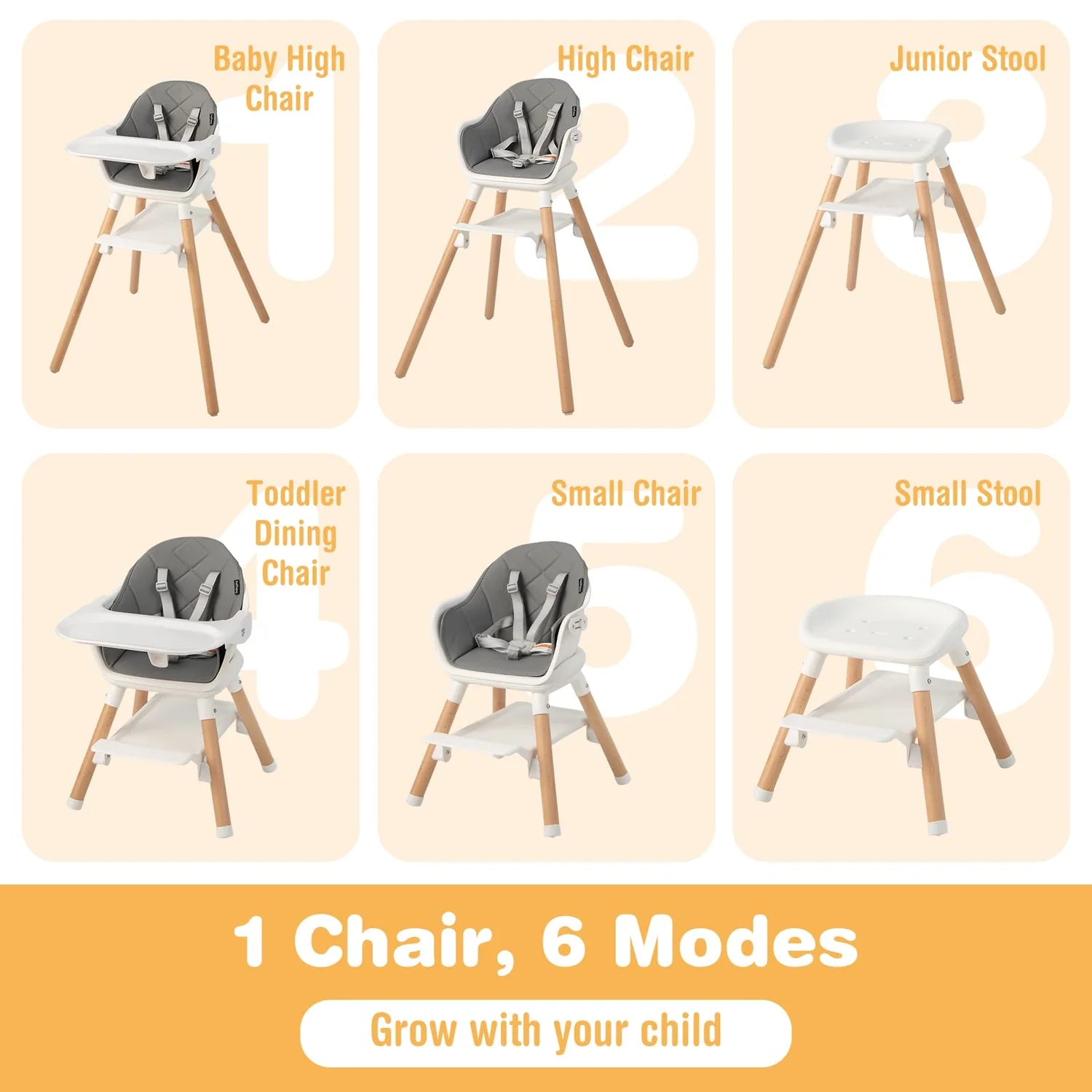 Baby High Chair 6-in-1 Convertible Wooden High Chair with Double Dishwasher Safe Trays