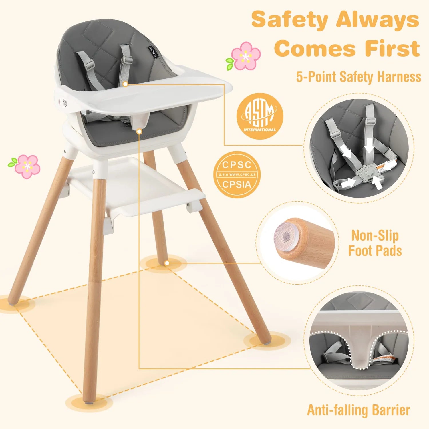 Baby High Chair 6-in-1 Convertible Wooden High Chair with Double Dishwasher Safe Trays