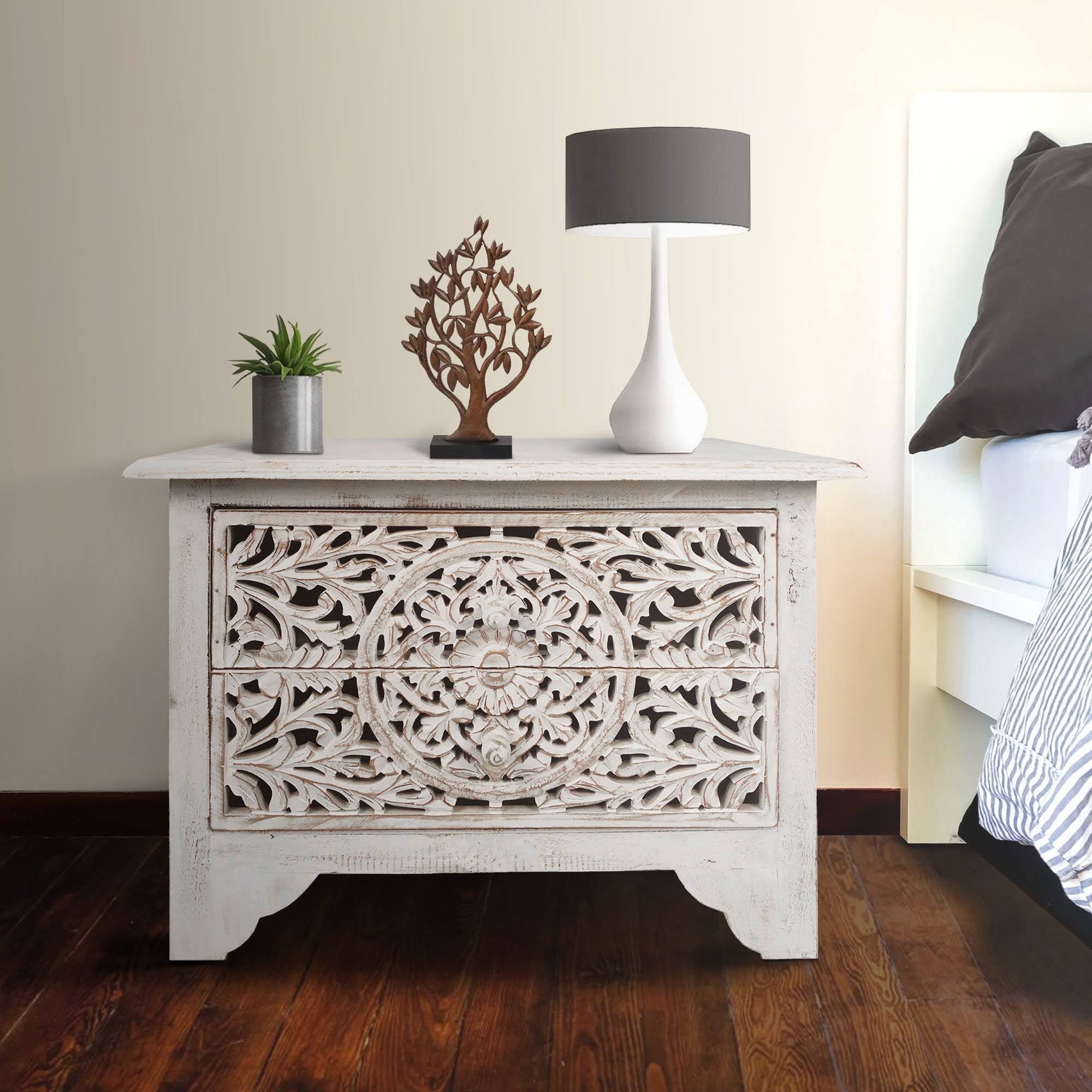 2-Drawers Antique White Wooden Nightstand