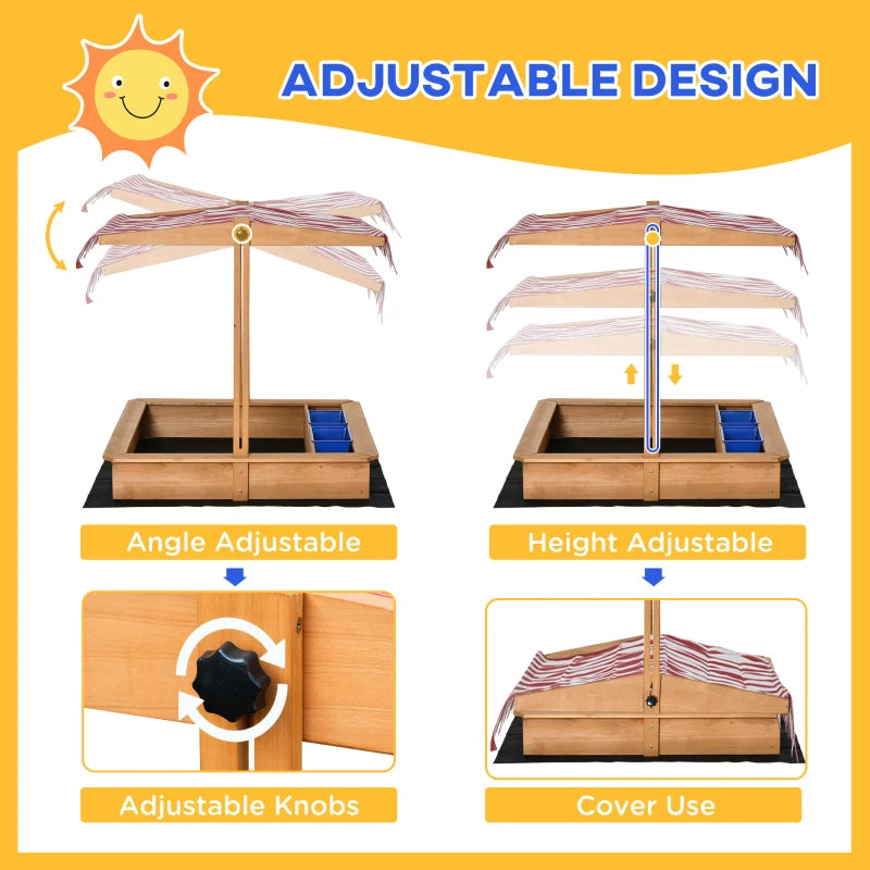 Outsunny Kids Wooden Sandbox with Adjustable Height Cover and Toy Bin Storage