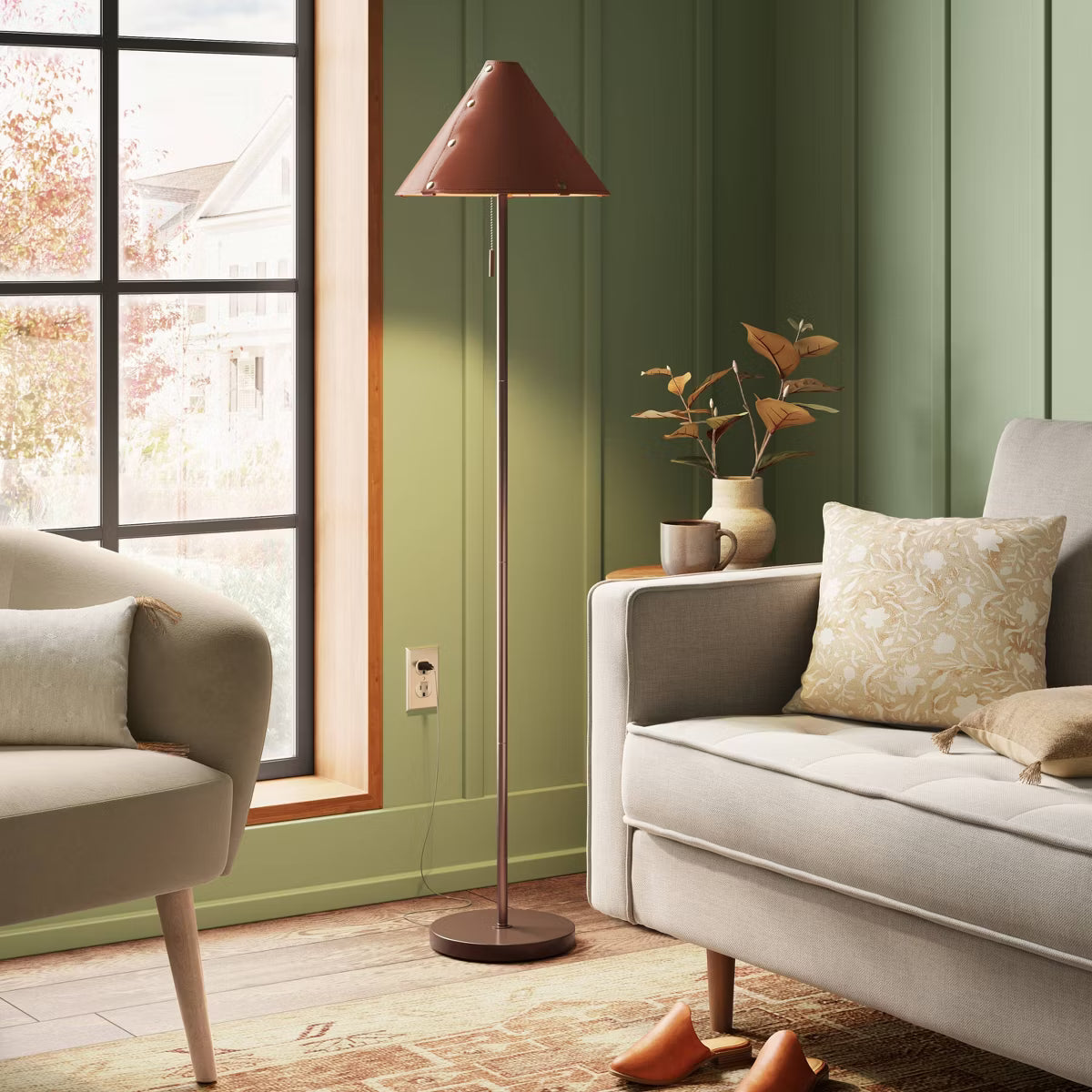 Floor Lamp with Leather Shade - Brown SHOWROOM ITEM