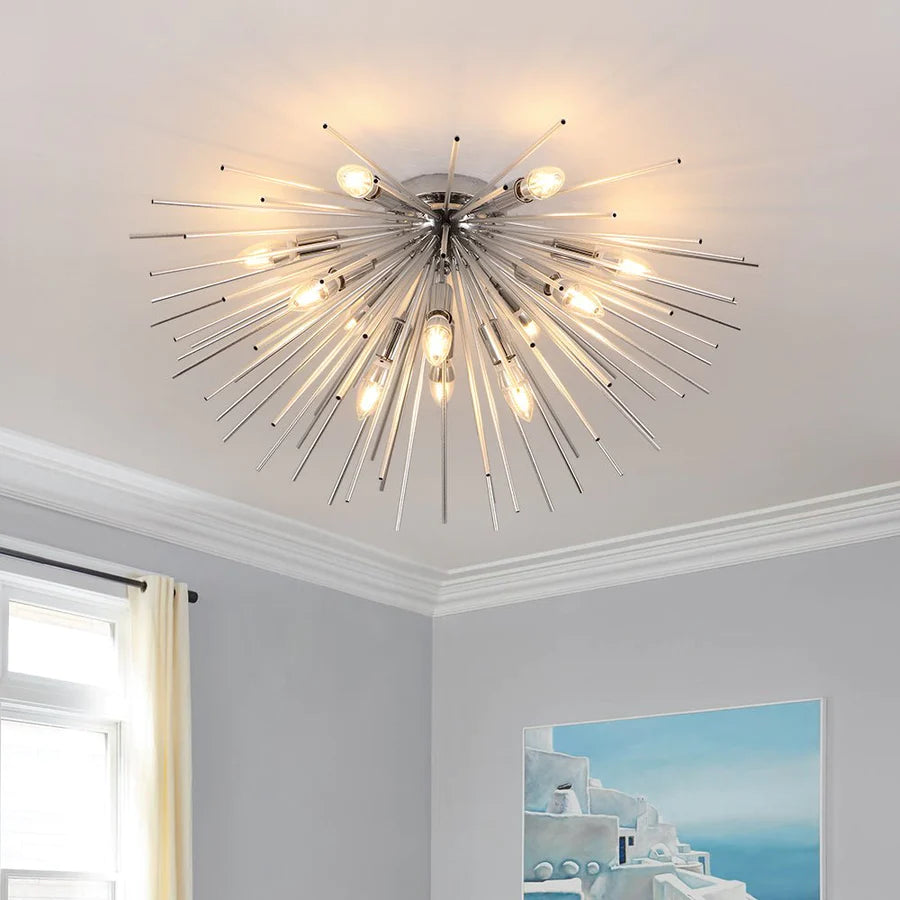 12-LIGHT SUNBURST SPUTNIK FLUSH MOUNT CHANDELIER