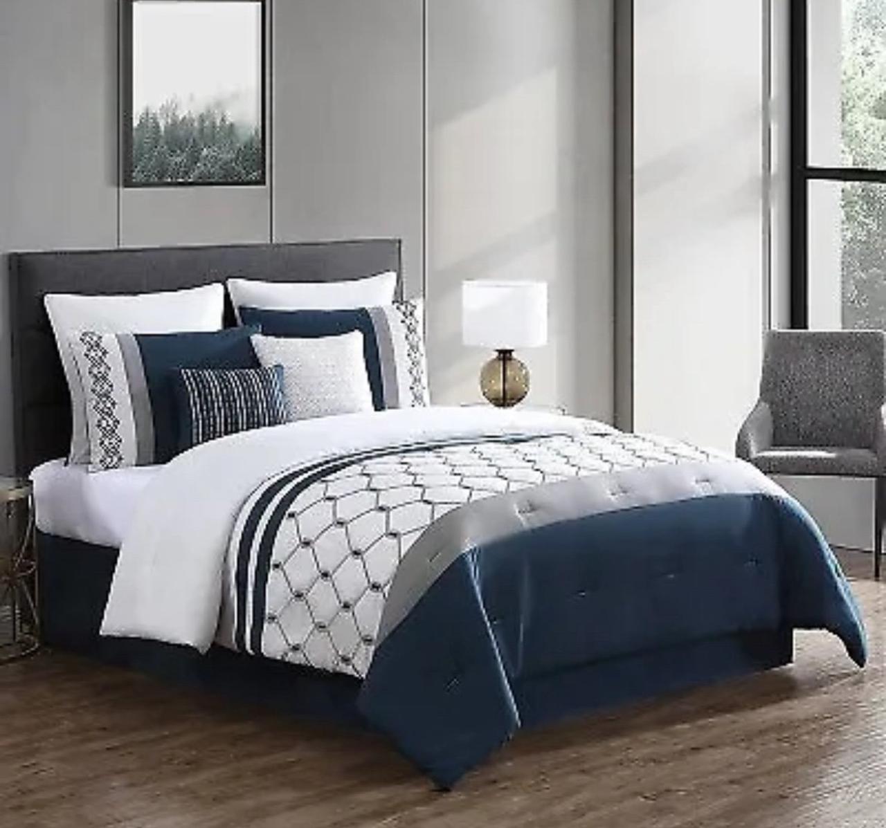8pc Queen Ellison Embroidered Colorblock Comforter Bedding Set - Dark Teal