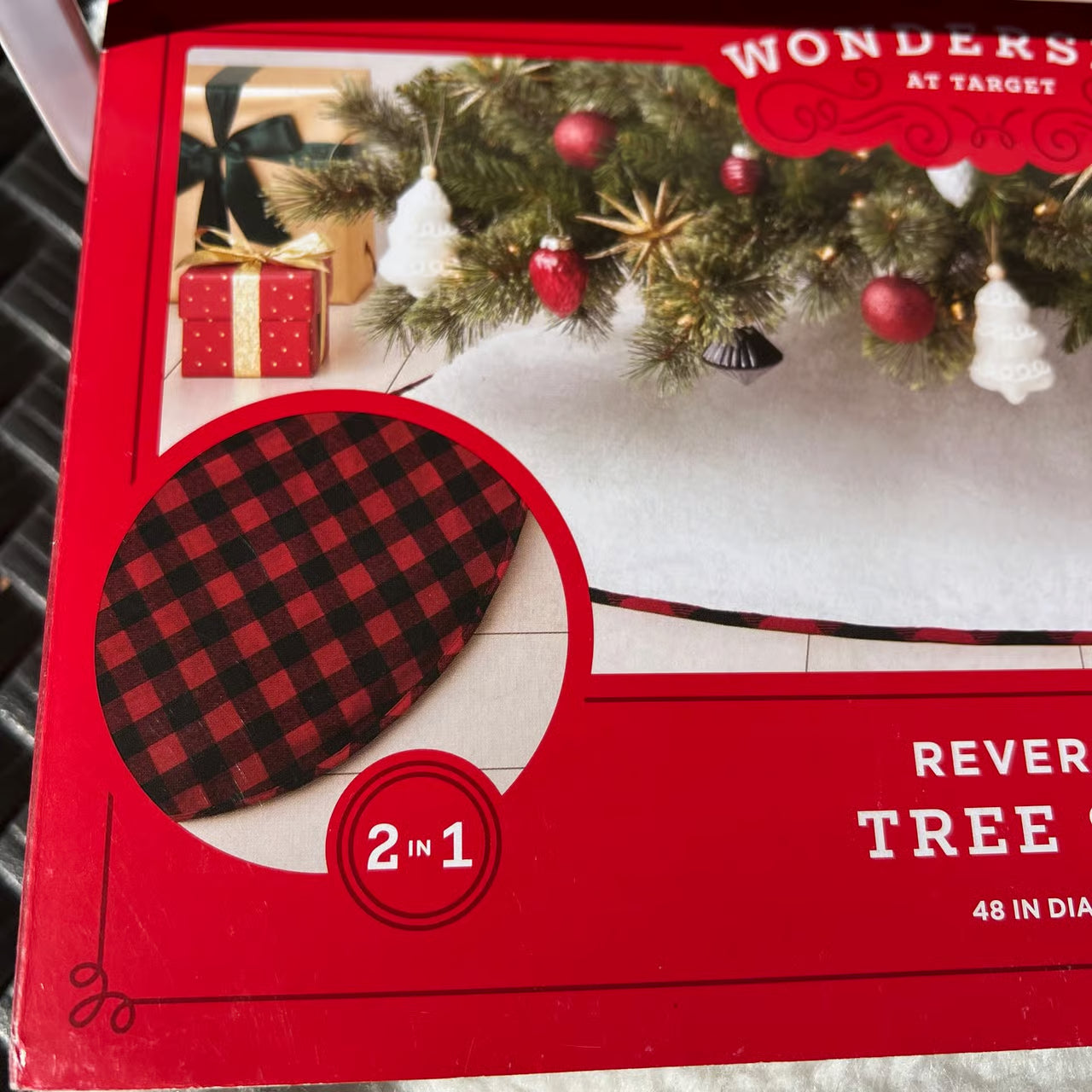 Reversible Christmas Tree Skirt Red Plaid /White Faux Fur