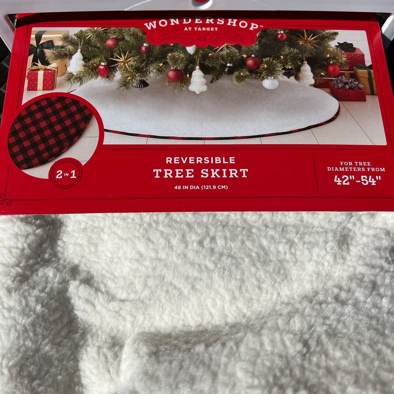 Reversible Christmas Tree Skirt Red Plaid /White Faux Fur