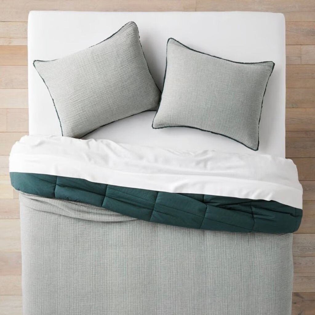 Full/Queen Textured Chambray Cotton Comforter & Sham Set Dark Teal Blue