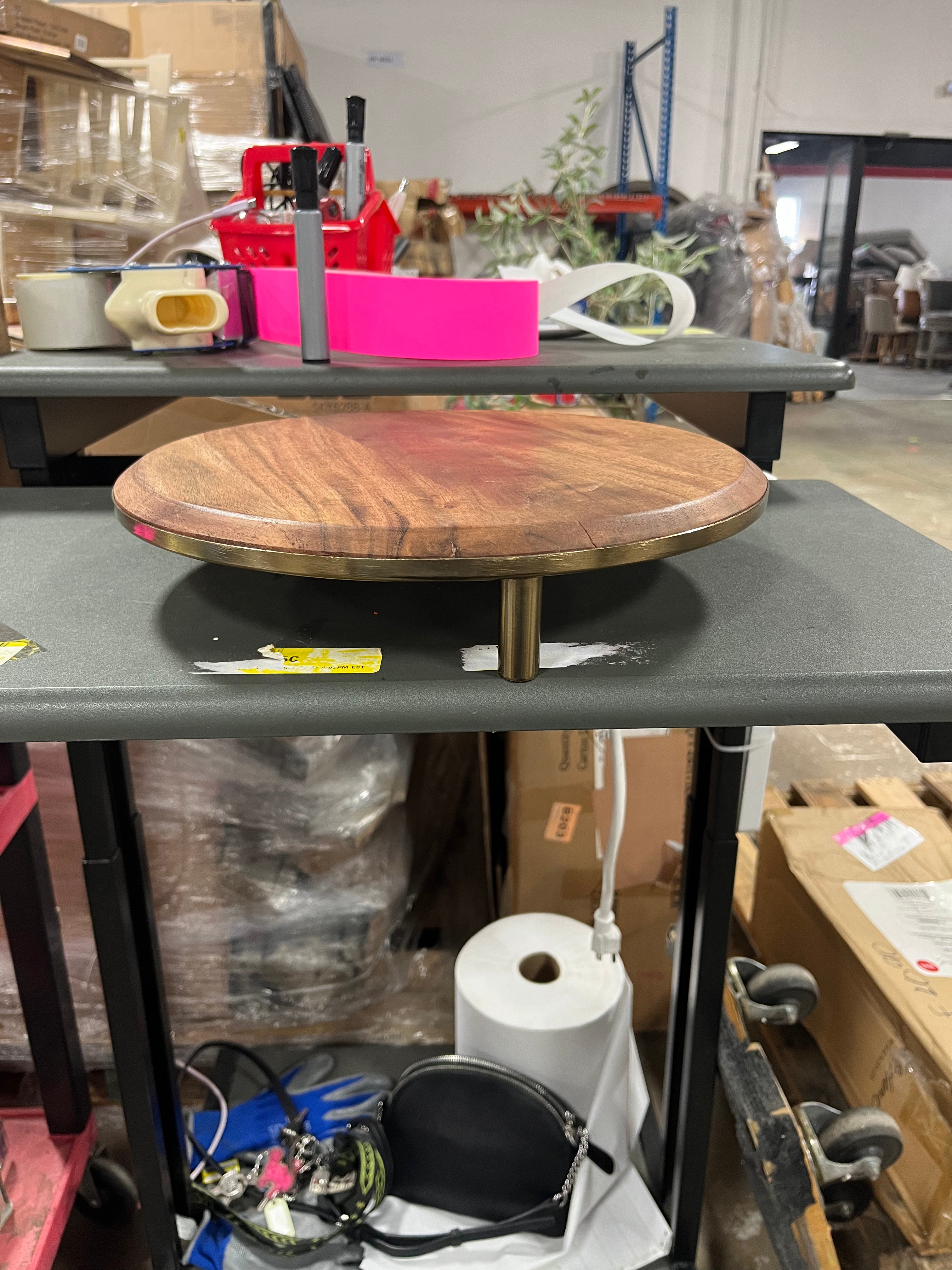 Wood & Brass Round Footed Serving Stand - Iron Detail, Farmhouse Style, Tiered Display Stand