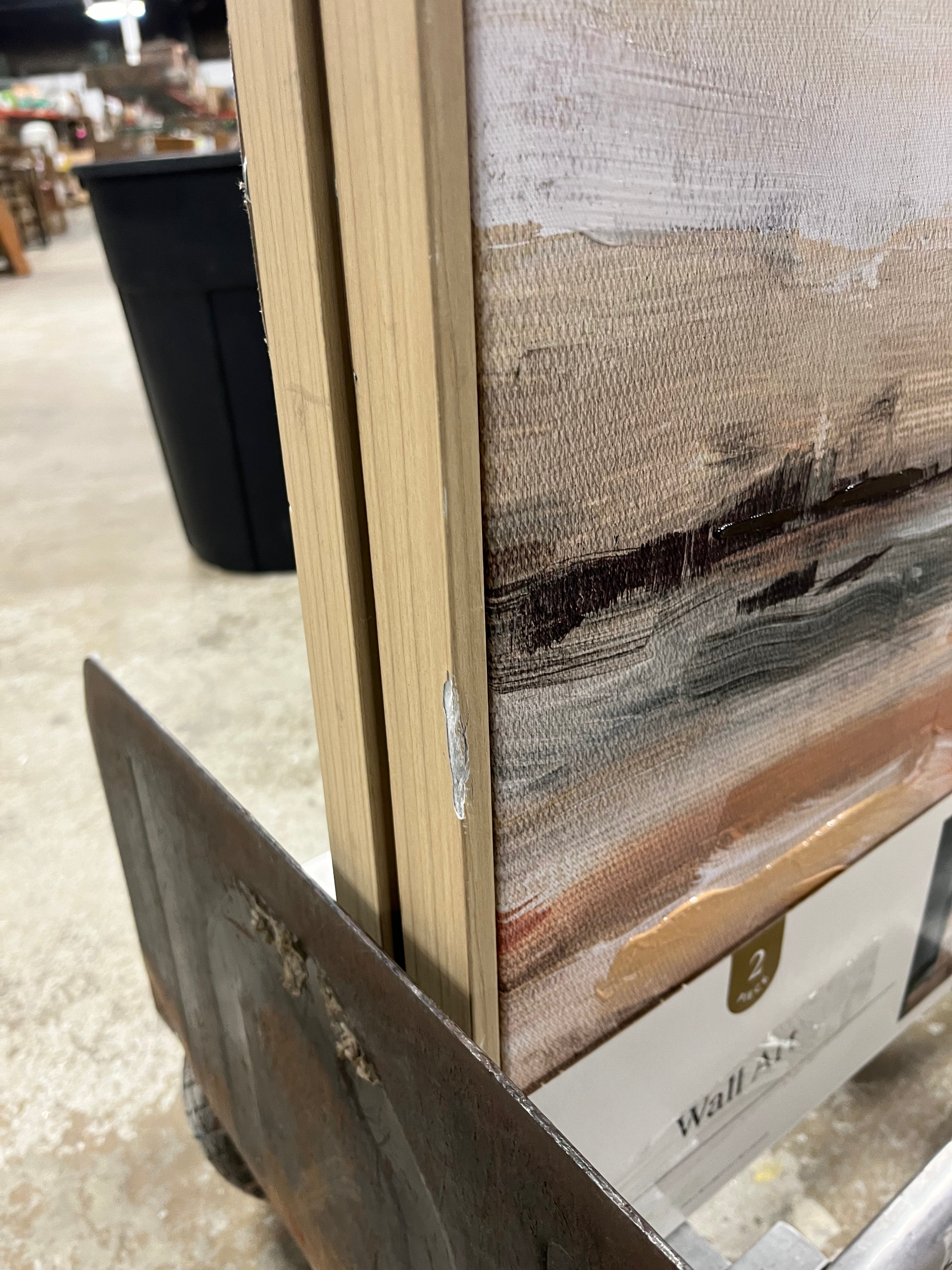 (Set of 2) Faded Landscape Framed Wall Canvases Natural -Polystyrene Frame, Blockprint Art
