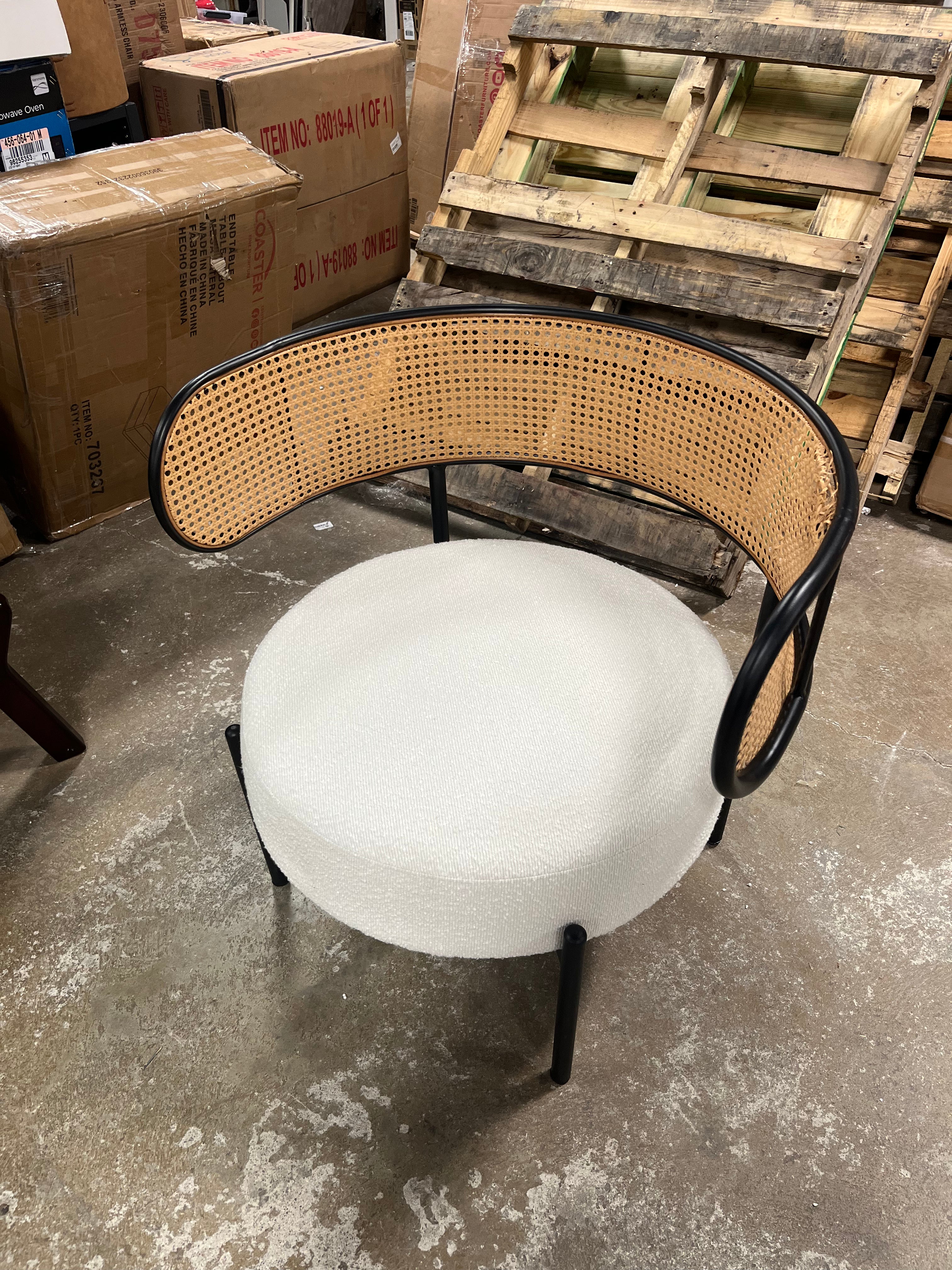 Boucle Upholstered Barrel ArmChair with Rattan Back