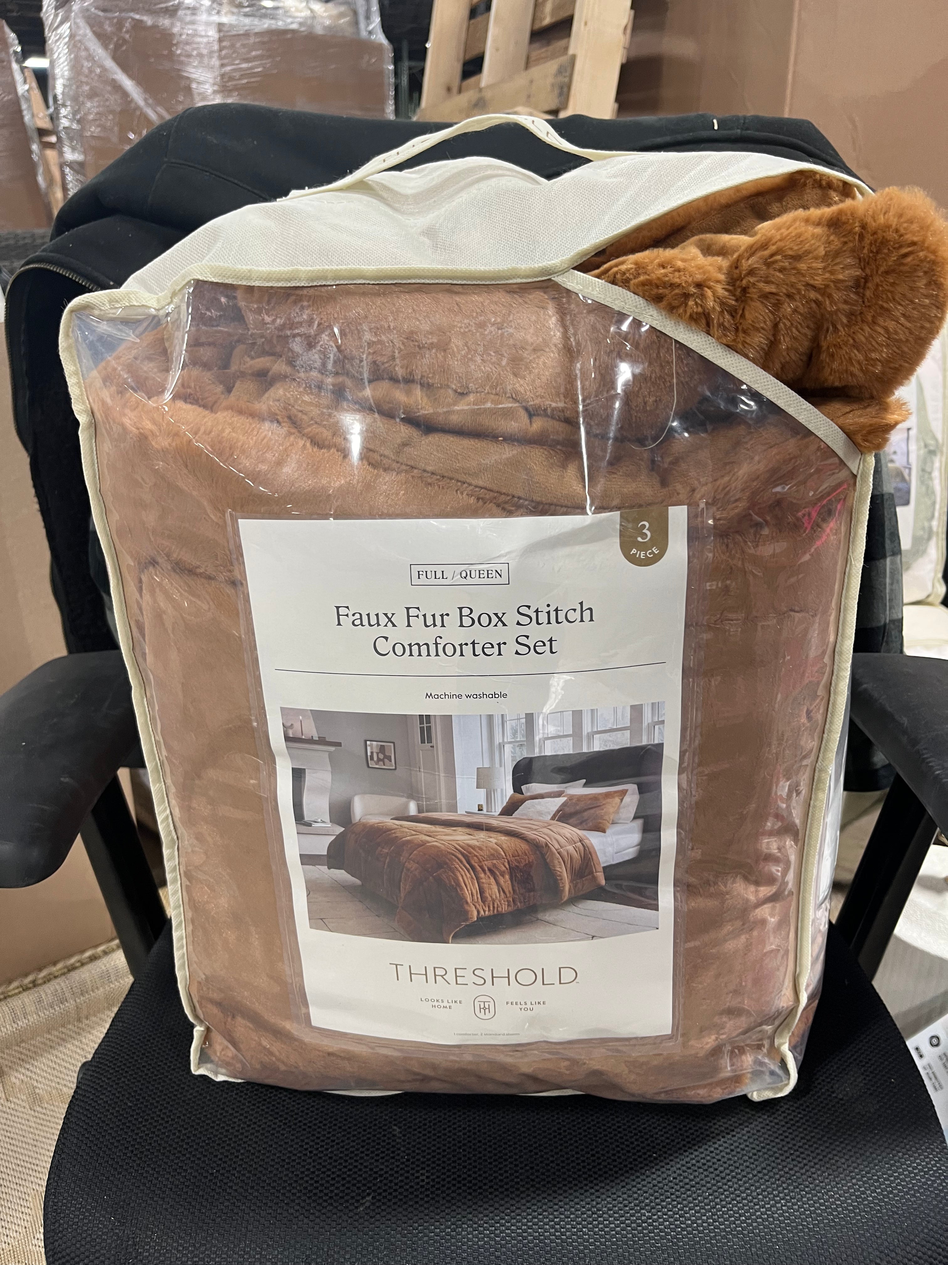 Luxe Box Stitch Faux Rabbit Fur Comforter and Sham Set Brown - Full/Queen