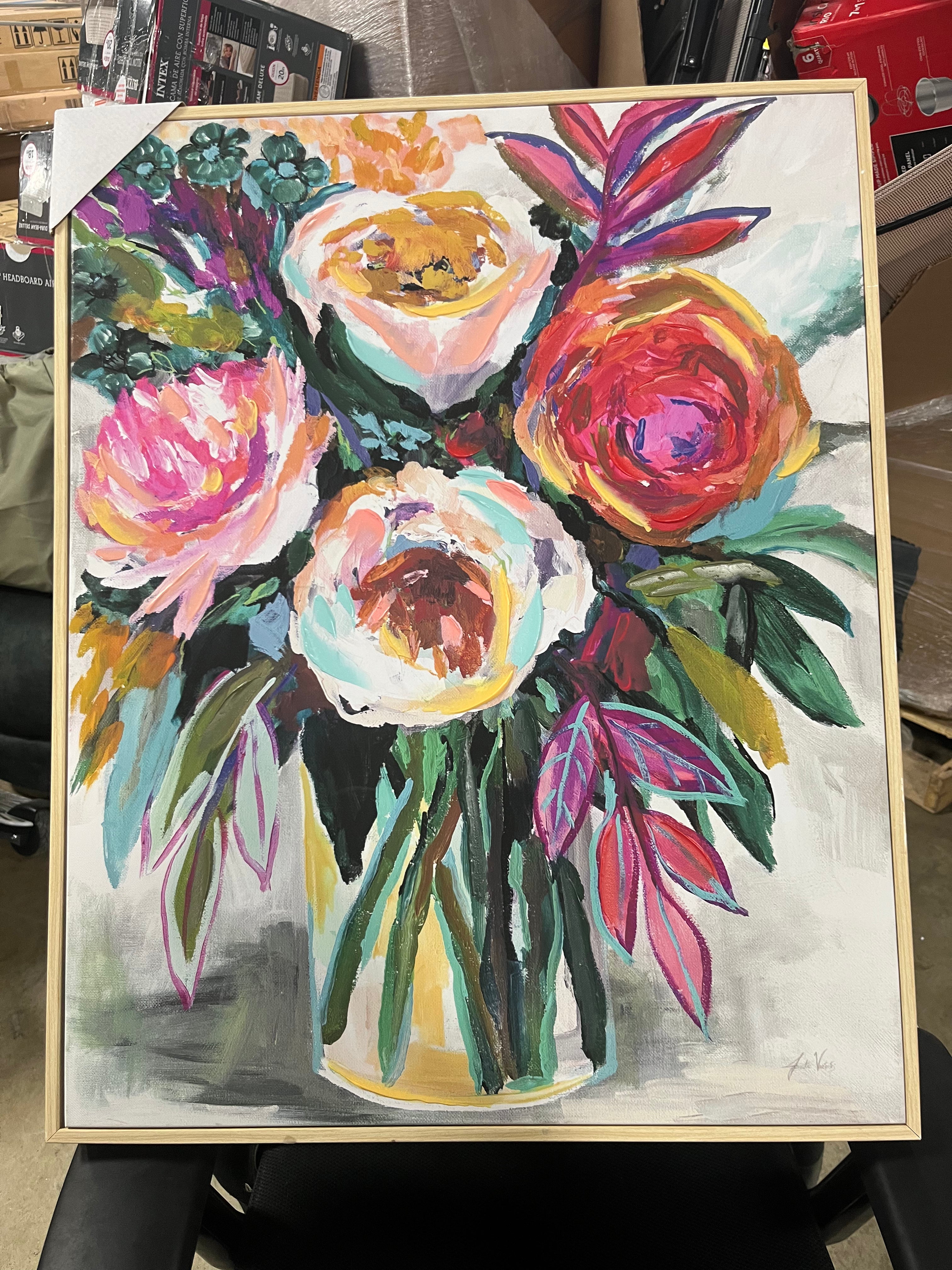 Colorful Floral Framed Canvas Natural