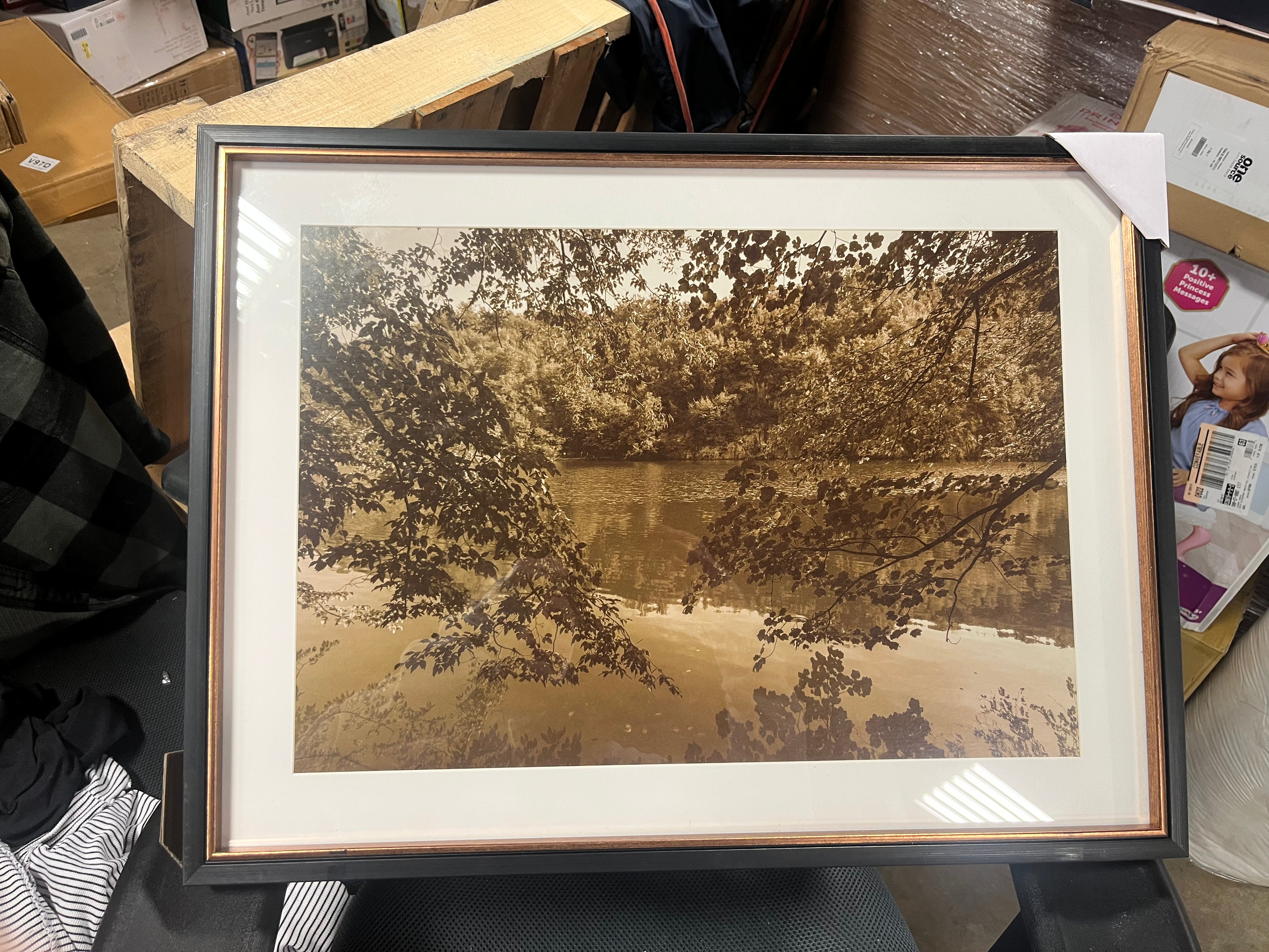 Abstract Lake Framed Wall Art - Modern Decor, Polystyrene Gold & Black Frame