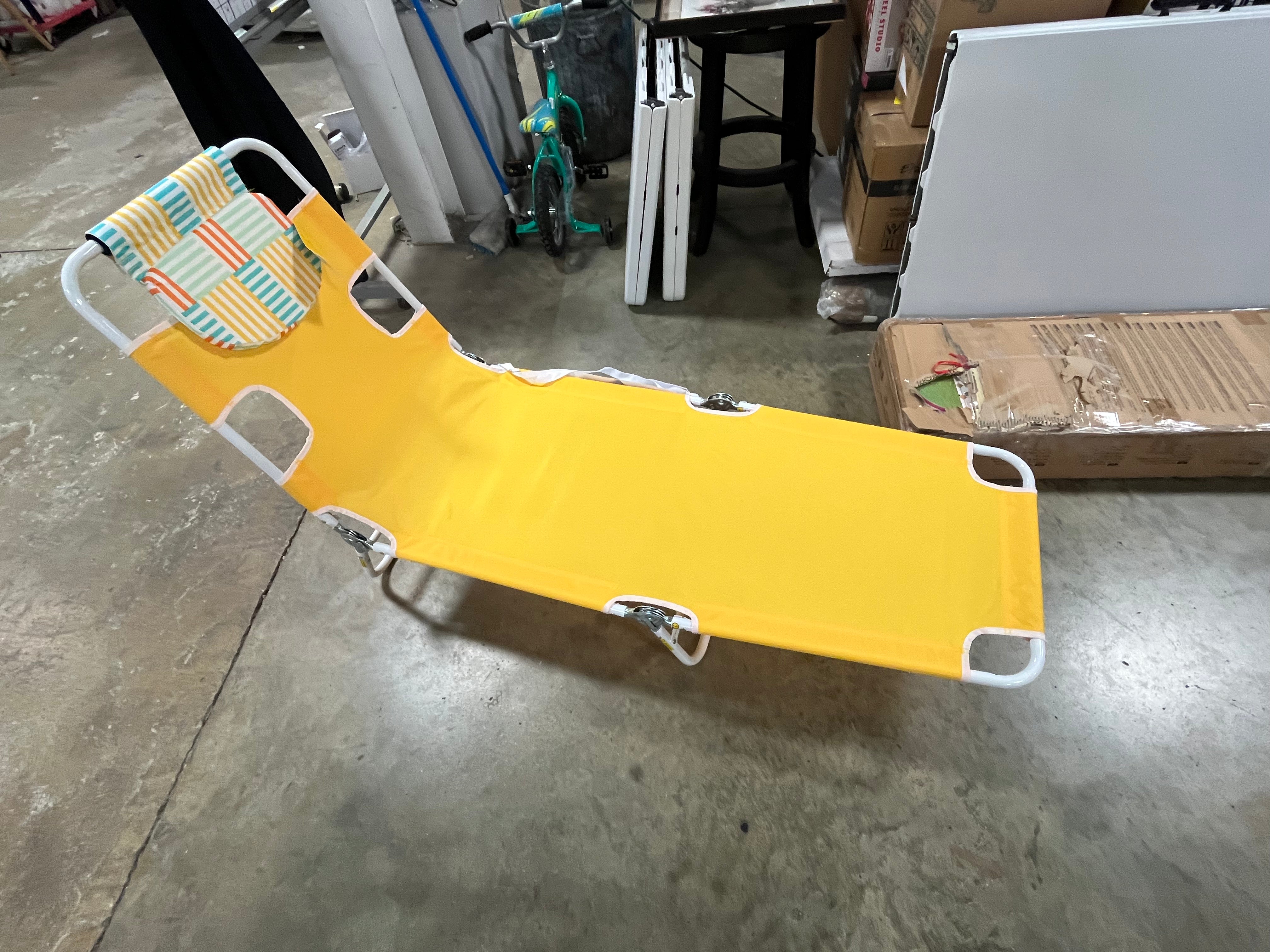 Recycled Fabric Outdoor Portable Beach Lounger with Headrest Yellow - Weather-Resistant, Steel Frame