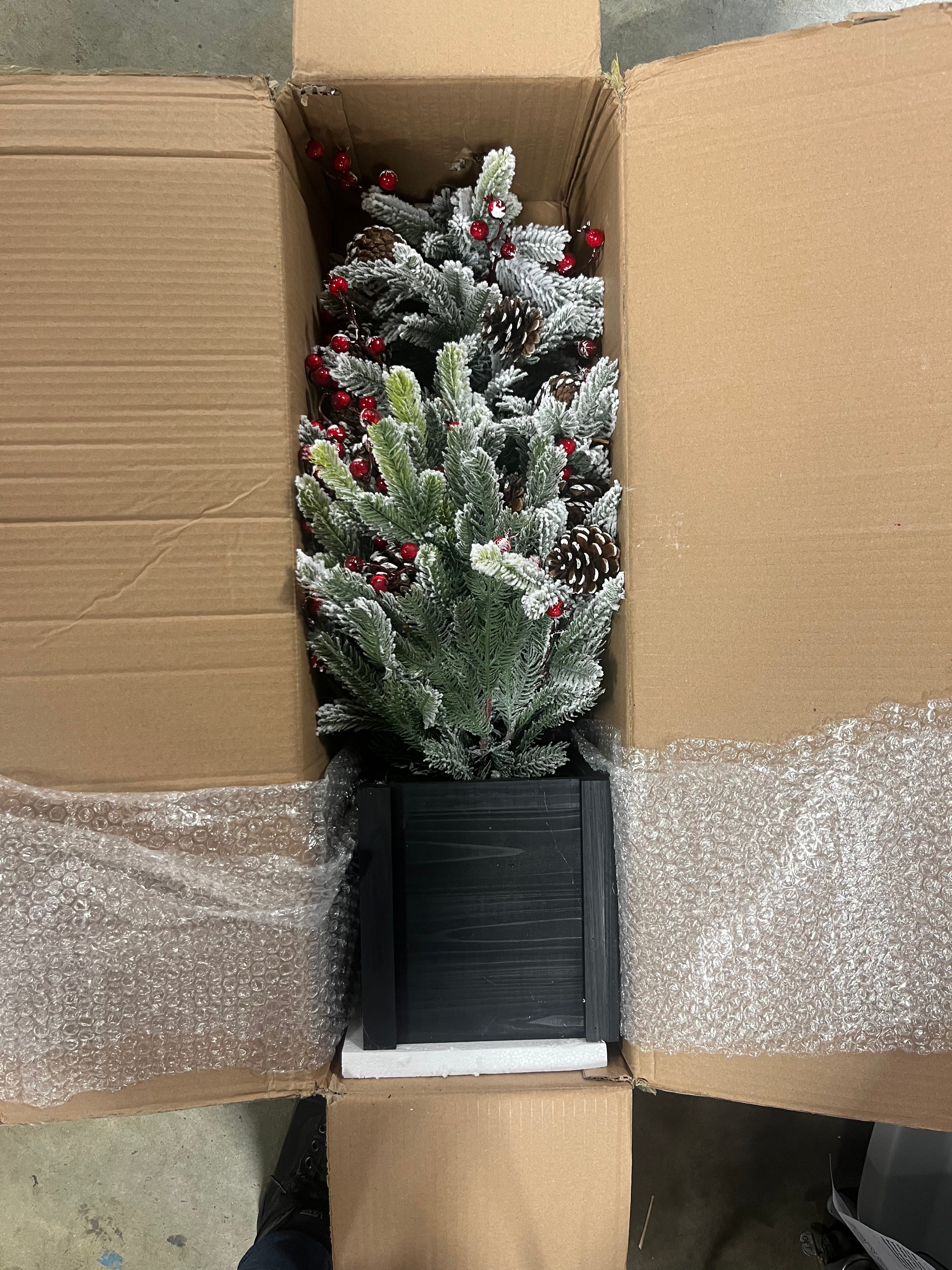 Unlit Flocked Stockhorn Artificial Christmas Tree: Pinecones, Berries, Sheltered Outdoor Use