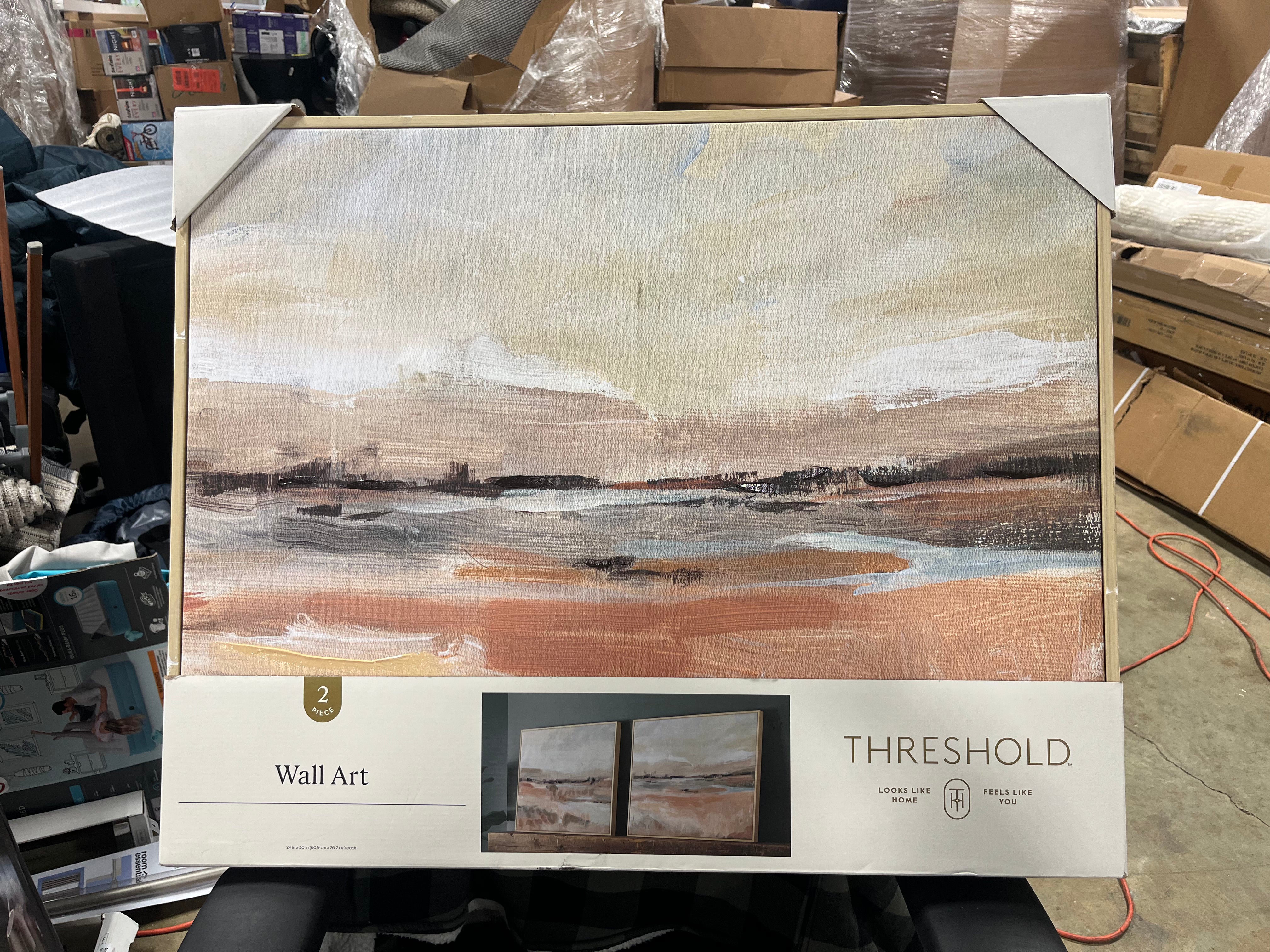 (Set of 2) Faded Landscape Framed Wall Canvases Natural - Polystyrene Frame, Blockprint Art