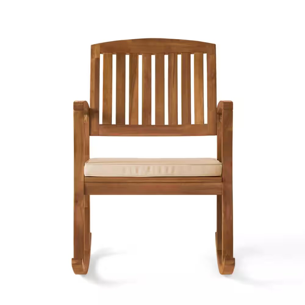 Selma Teak Finish Wood Outdoor Patio Rocking Chair with Cream Cushion