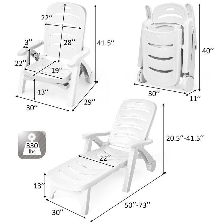 5 Position Adjustable Folding Lounger Chaise Chair with Wheels