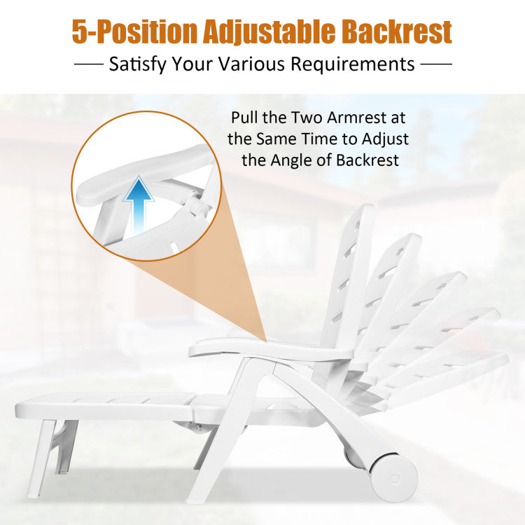 5 Position Adjustable Folding Lounger Chaise Chair with Wheels