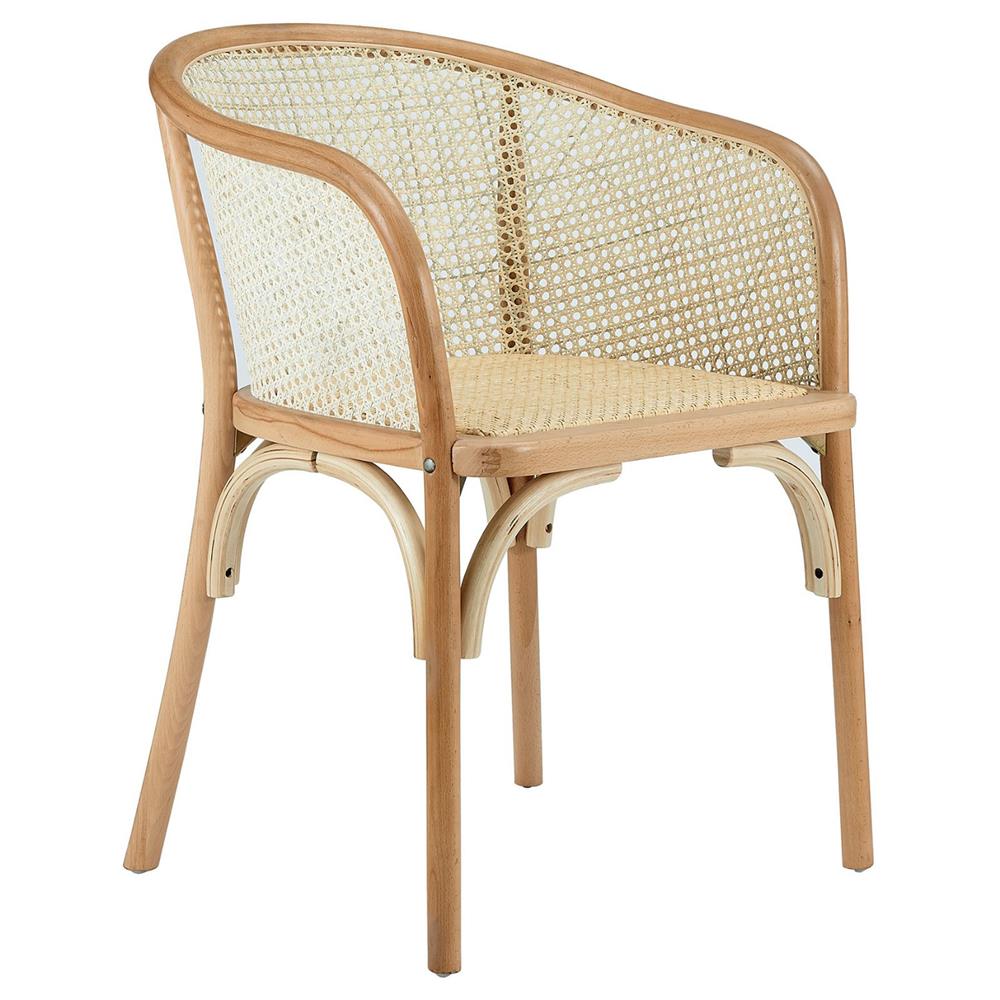 Santiago Coastal Beach Beige Wood Frame Cane Back Rattan Seat Armchair