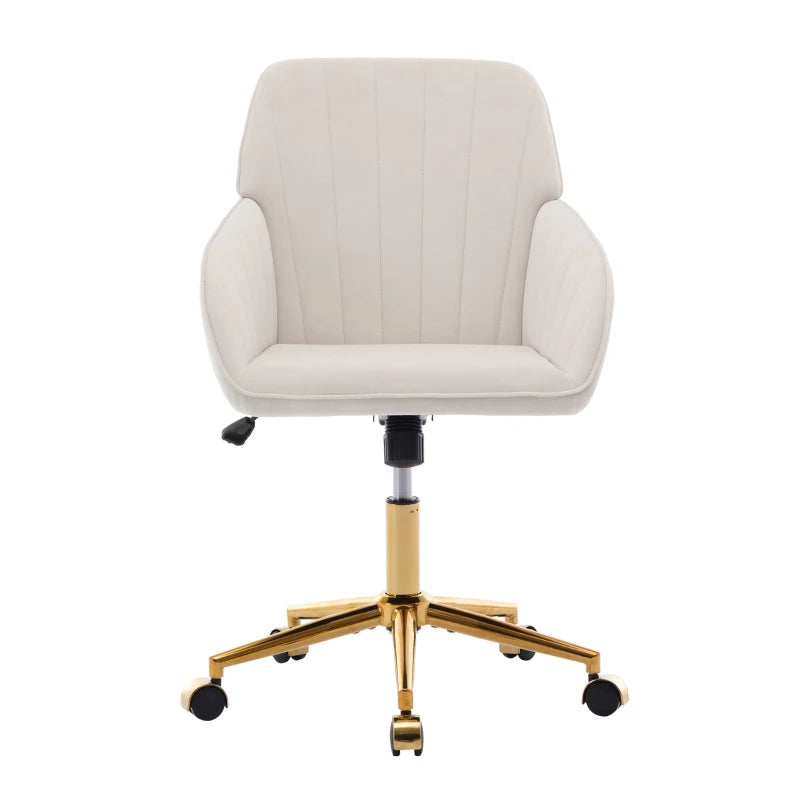 Adjustable Ergonomic Swivel Chair with Velvet Cushion and Lumbar Support, Golden Base, Beige