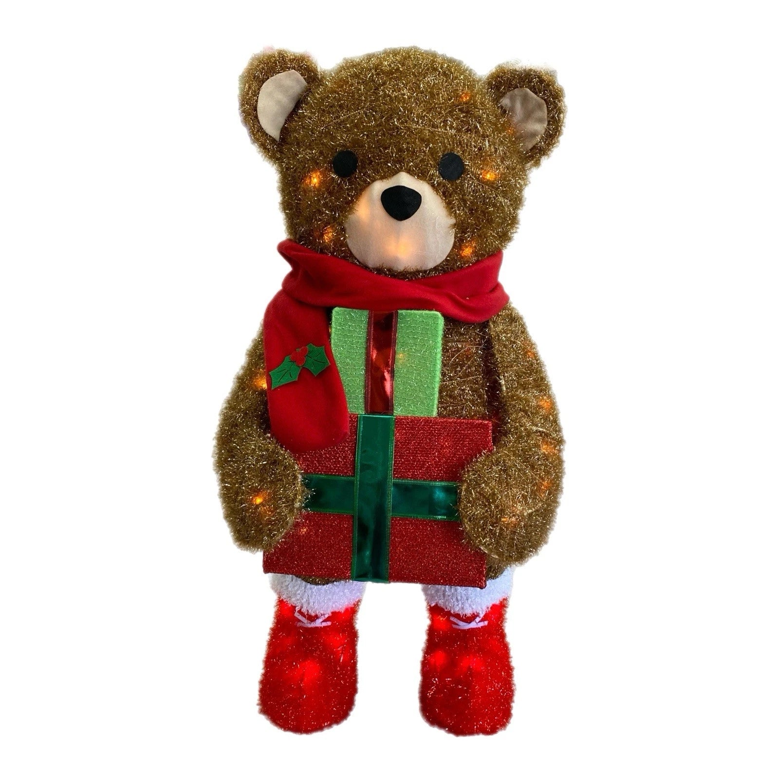 Holiday Tinsel Bear Light Up Display Holding Presents Has Scarf
