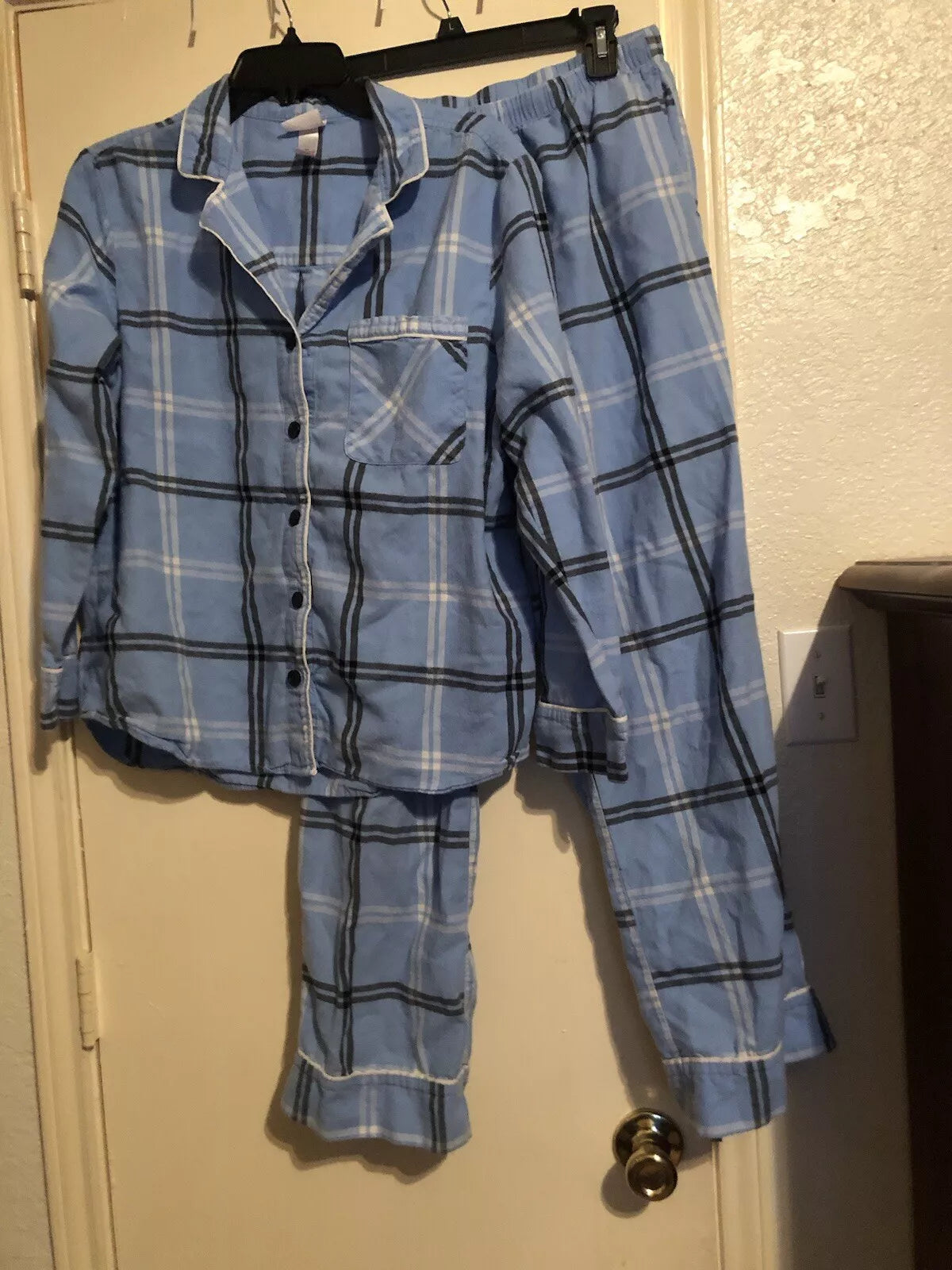 100% Cotton Baby Blue Plaid Flannel Pajama Set M