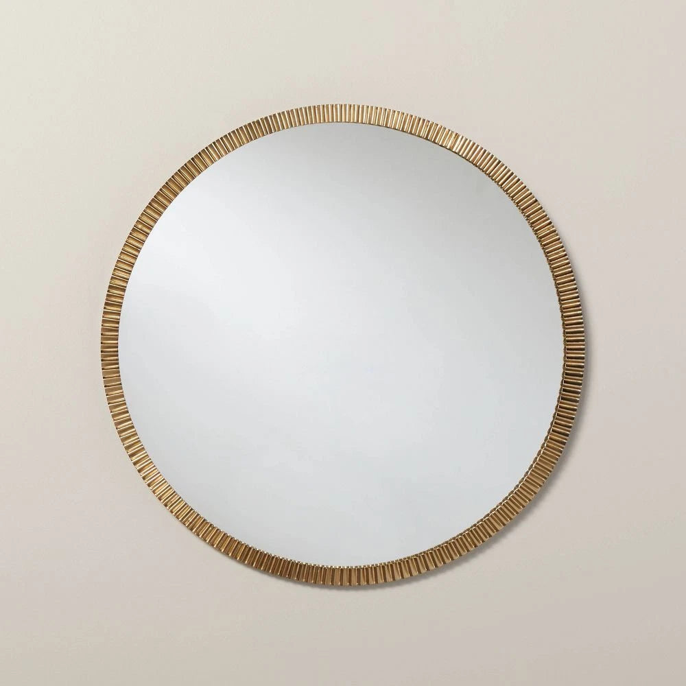 20" Round Pleated Wall Mirror - Antique Brass Finish SHOWROOM ITEM