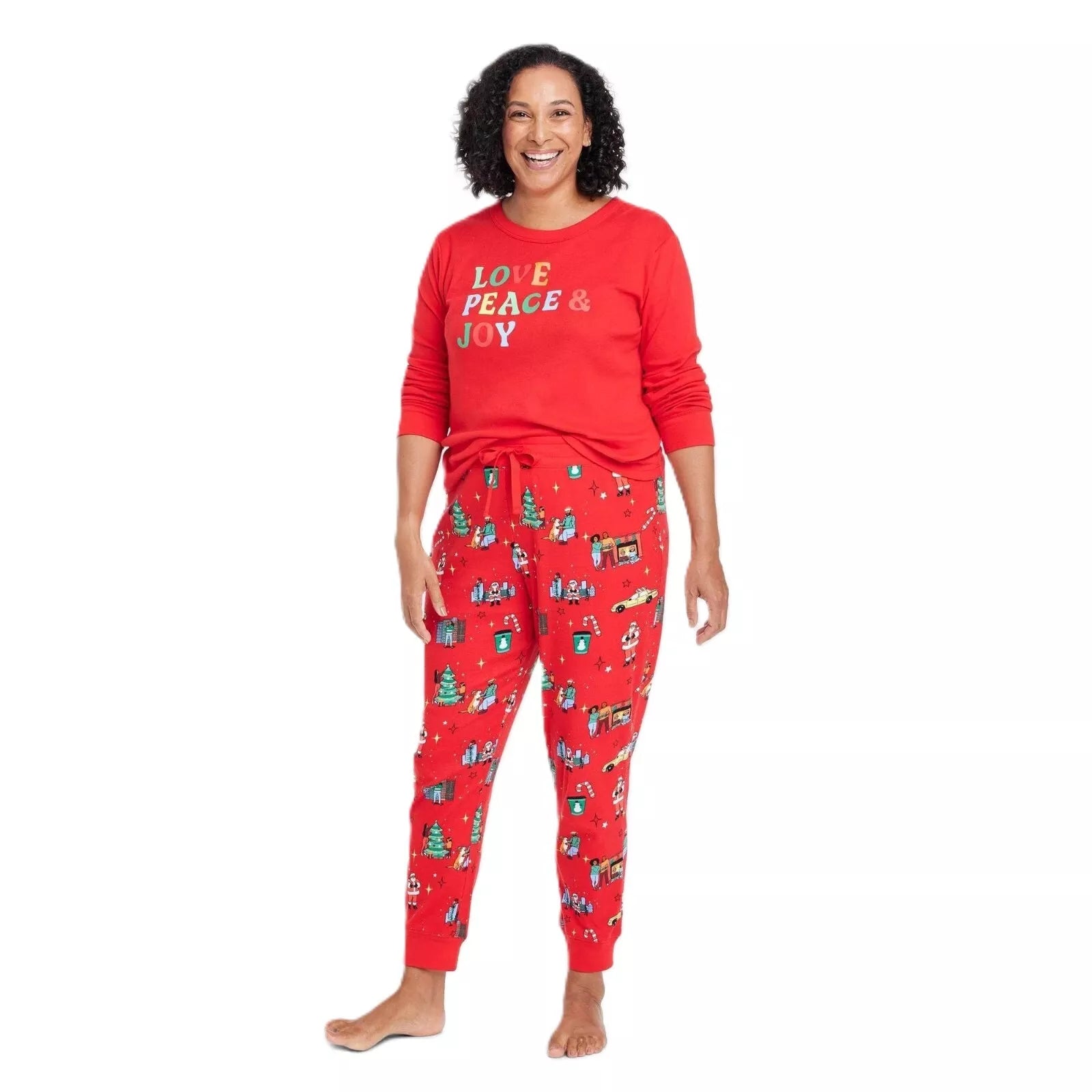 Womens L Red 'LOVE PEACE & JOY' Holiday City Matching PJ Set (2PC)