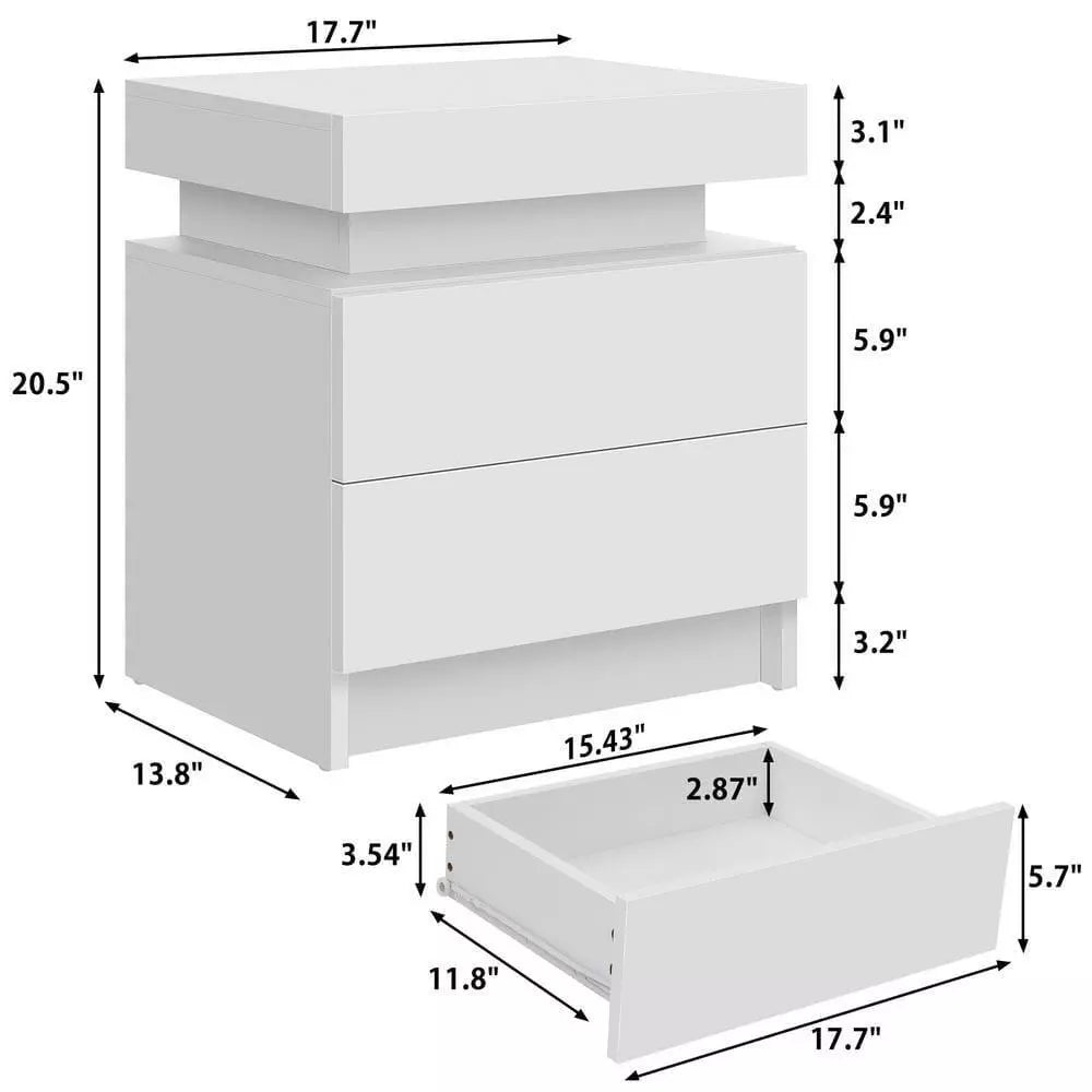 2-Drawer LED White Nightstand