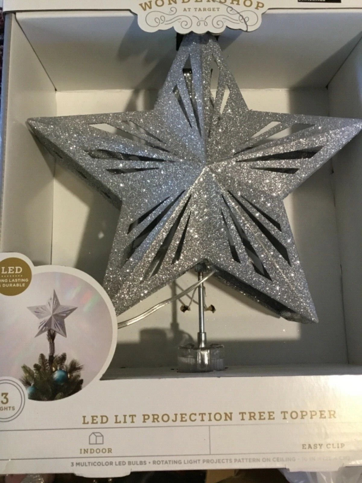 Tree Topper Christmas LED Lit Projection Lights Silver Glitter Star, final cut
