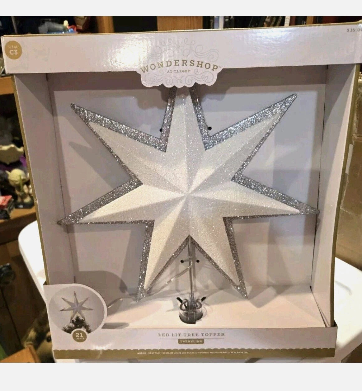 Twinkling LED Lit Tree Topper Silver White 21 Lights, final cut