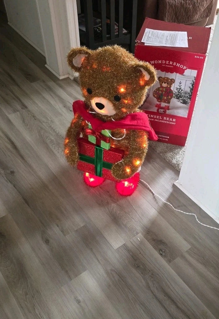 Incandescent Tinsel Bear Gifts Christmas Novelty Sculpture Light, final cut