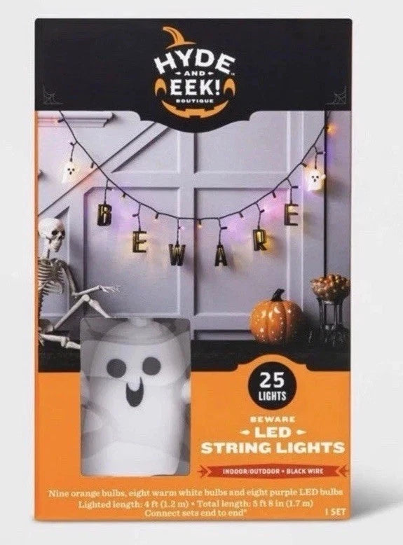 25ct LED String Lights Beware Ghosts Orange Purple Halloween Garland