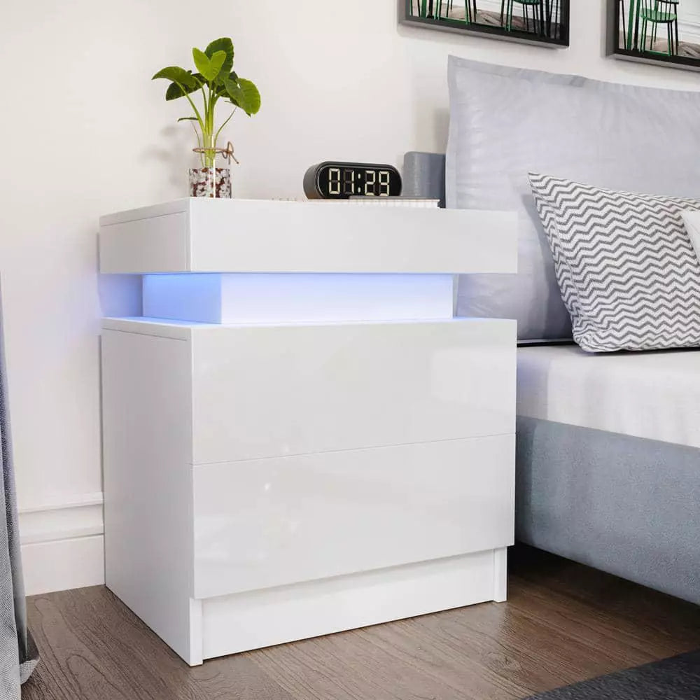 2-Drawer LED White Nightstand